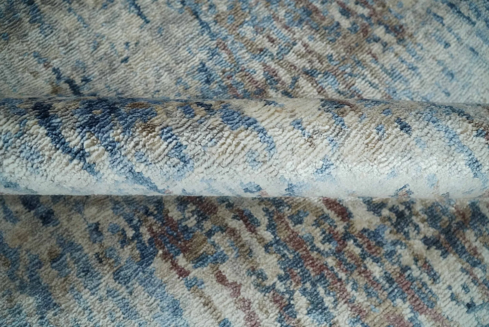Luxury 8x10  Hand knotted Blue, Ivory and Brown Abstract wool and Silk Blended Area Rug - Image 8