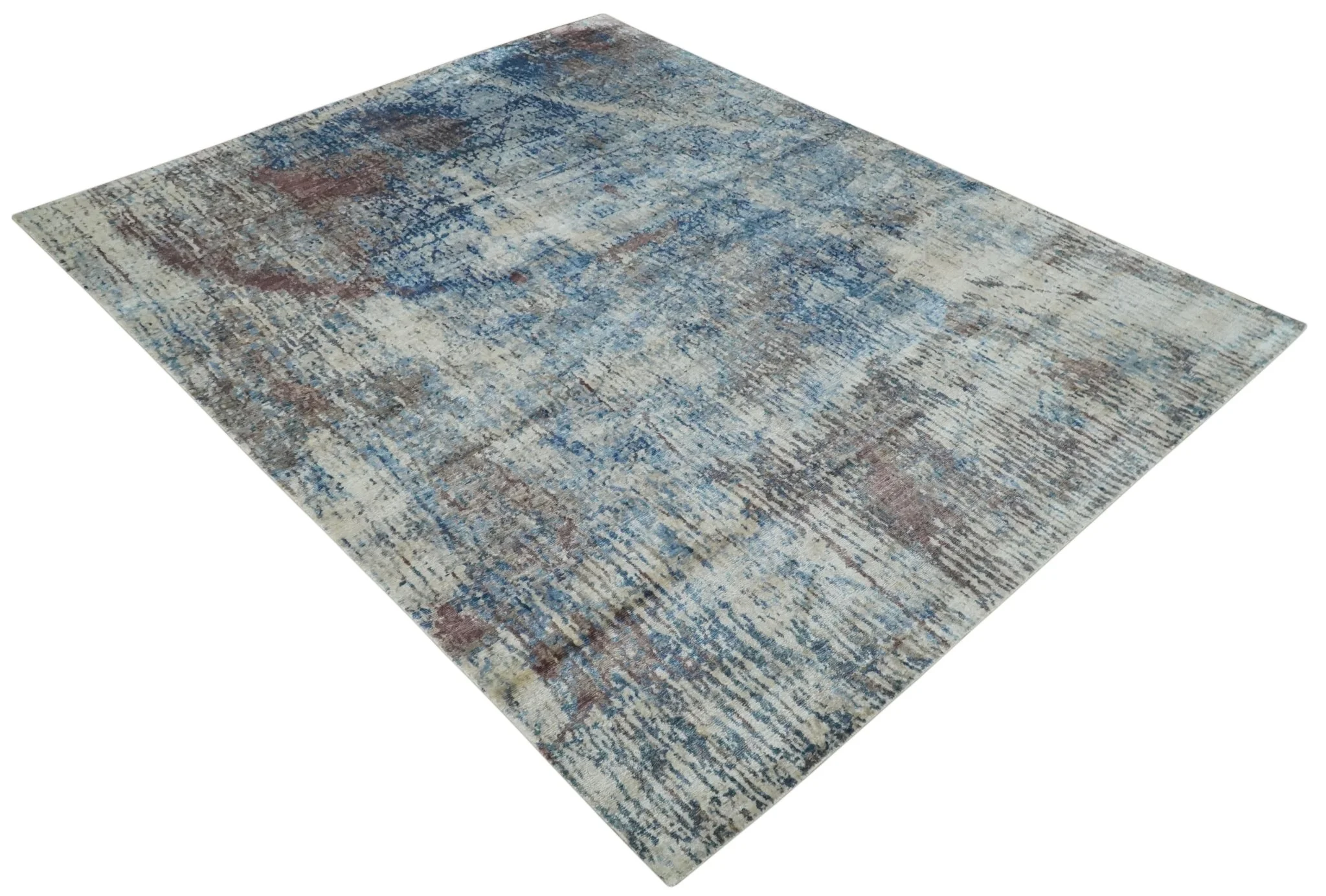 Luxury 8x10  Hand knotted Blue, Ivory and Brown Abstract wool and Silk Blended Area Rug - Image 9