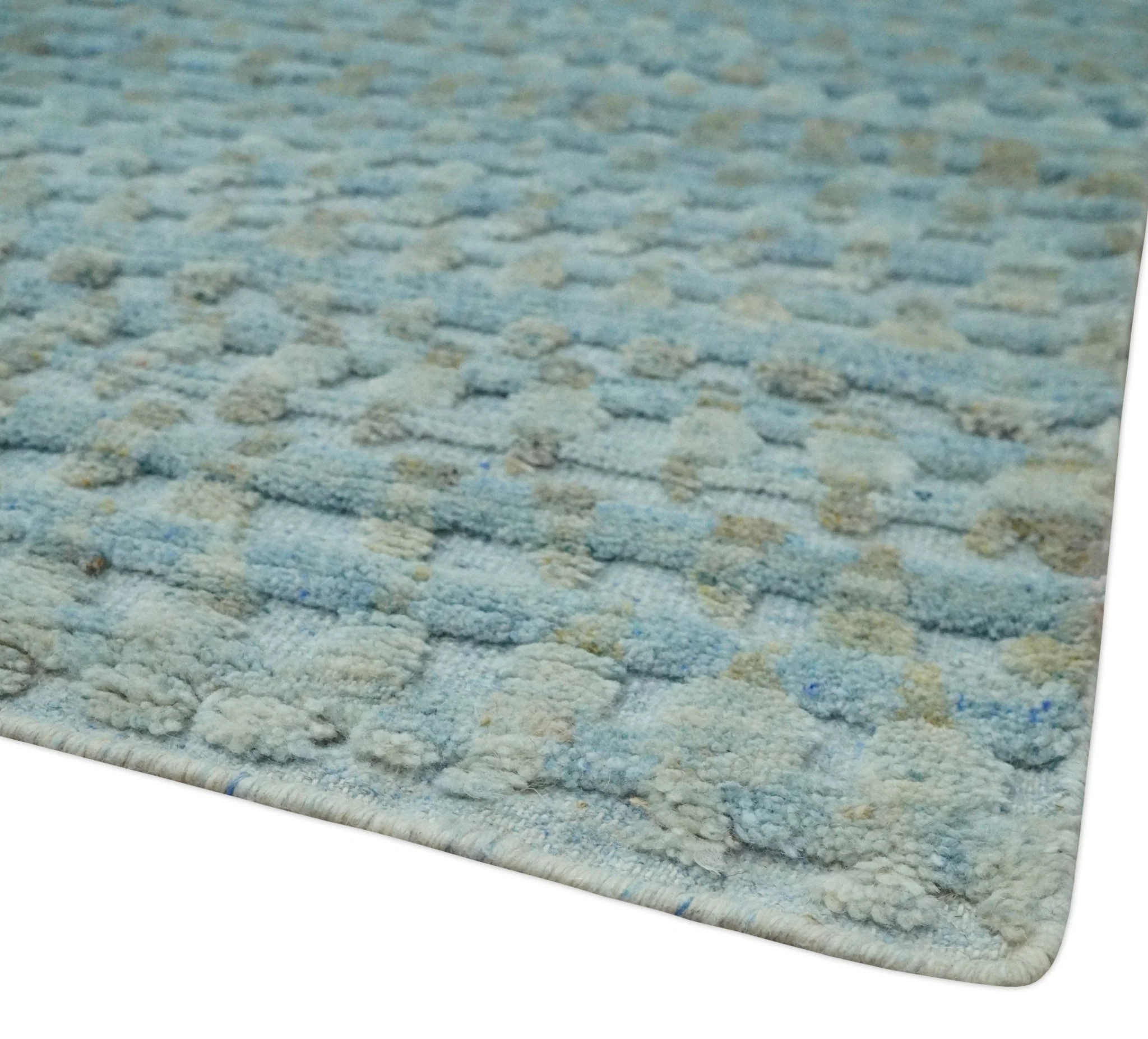 Blue, Ivory and Brown Hand carved Texture Hand Knotted 9x12 Wool Area Rug - Image 5