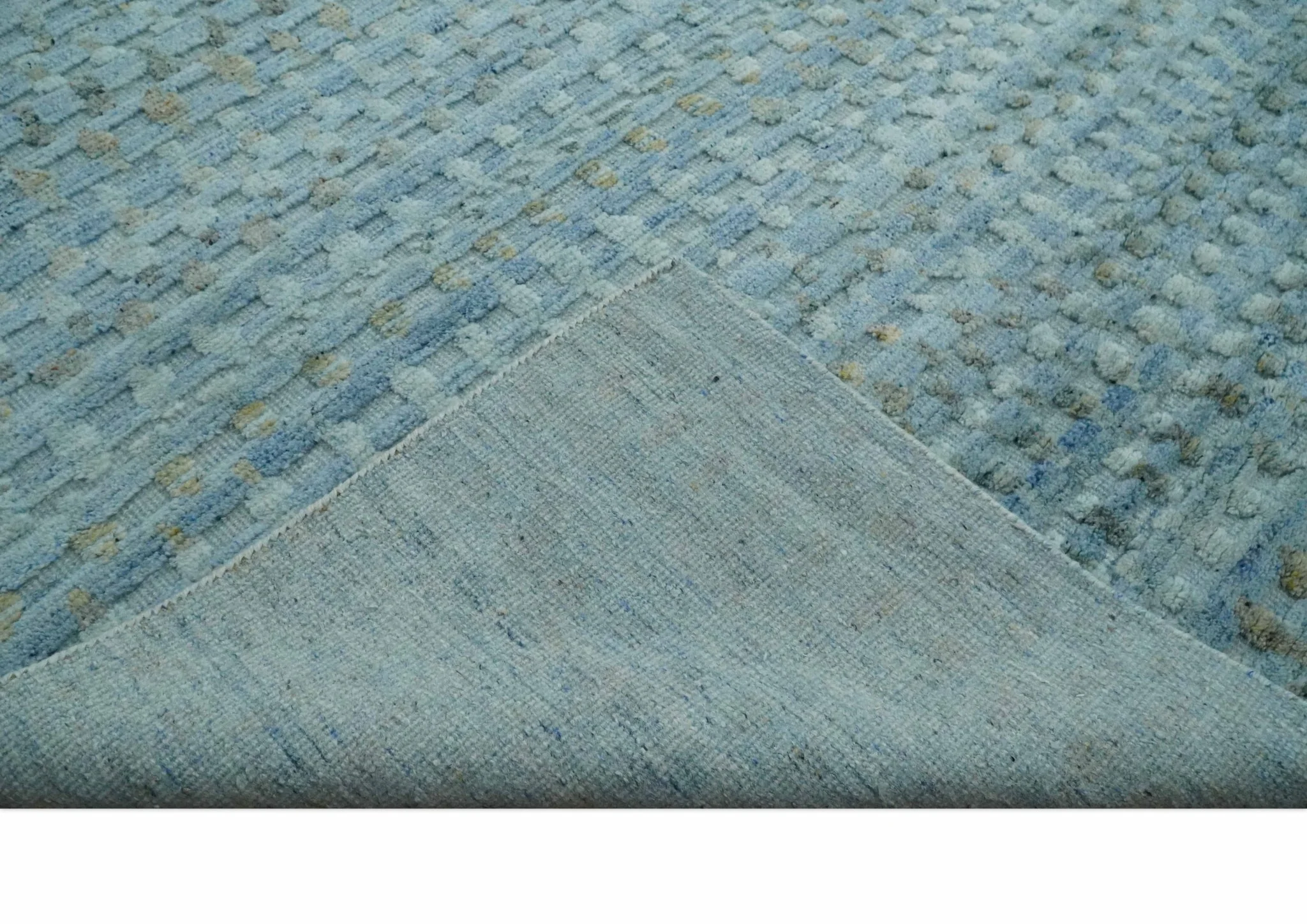 Blue, Ivory and Brown Hand carved Texture Hand Knotted 9x12 Wool Area Rug - Image 7