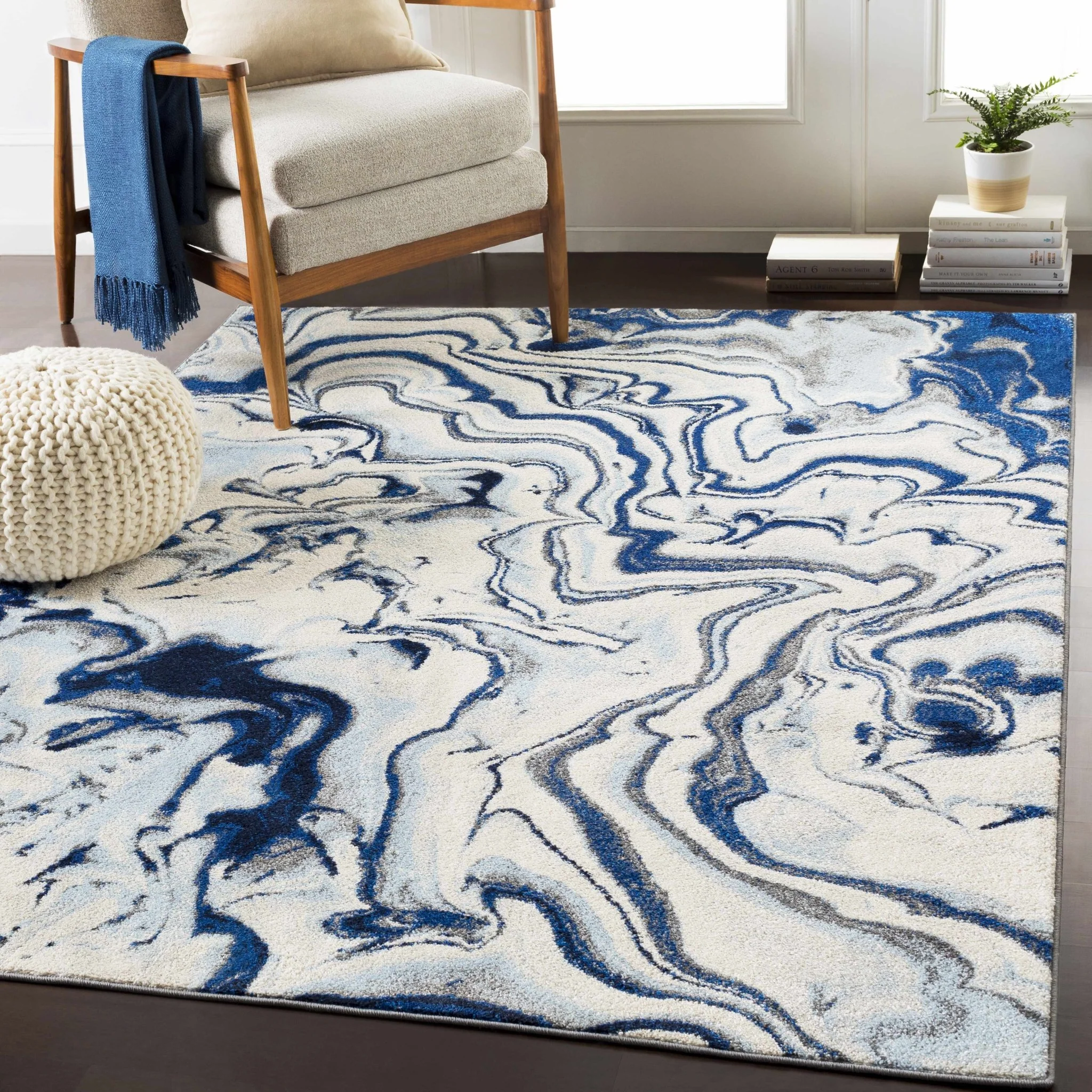 Blue, Ivory and Charcoal Modern Abstract marble Design Area Rug - Image 2