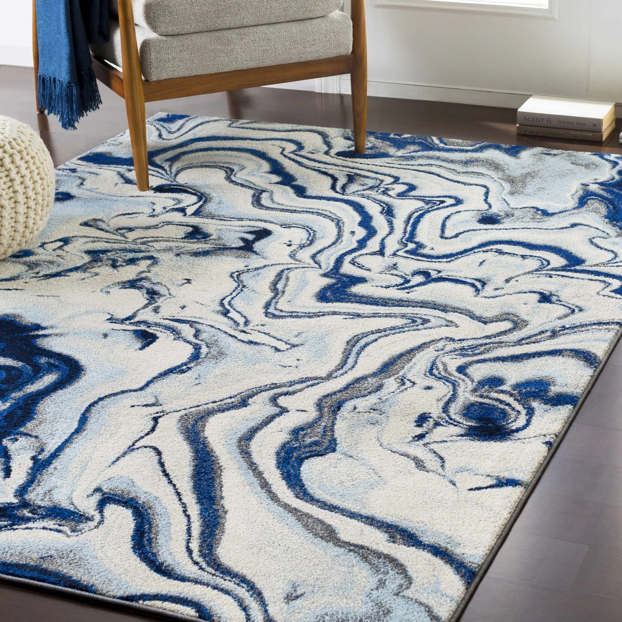 Blue, Ivory and Charcoal Modern Abstract marble Design Area Rug - Image 4