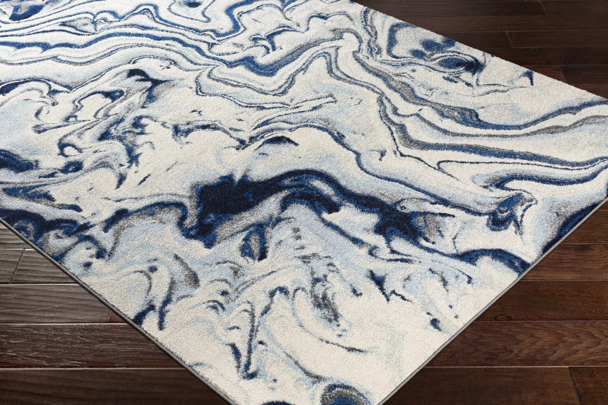 Blue, Ivory and Charcoal Modern Abstract marble Design Area Rug - Image 5