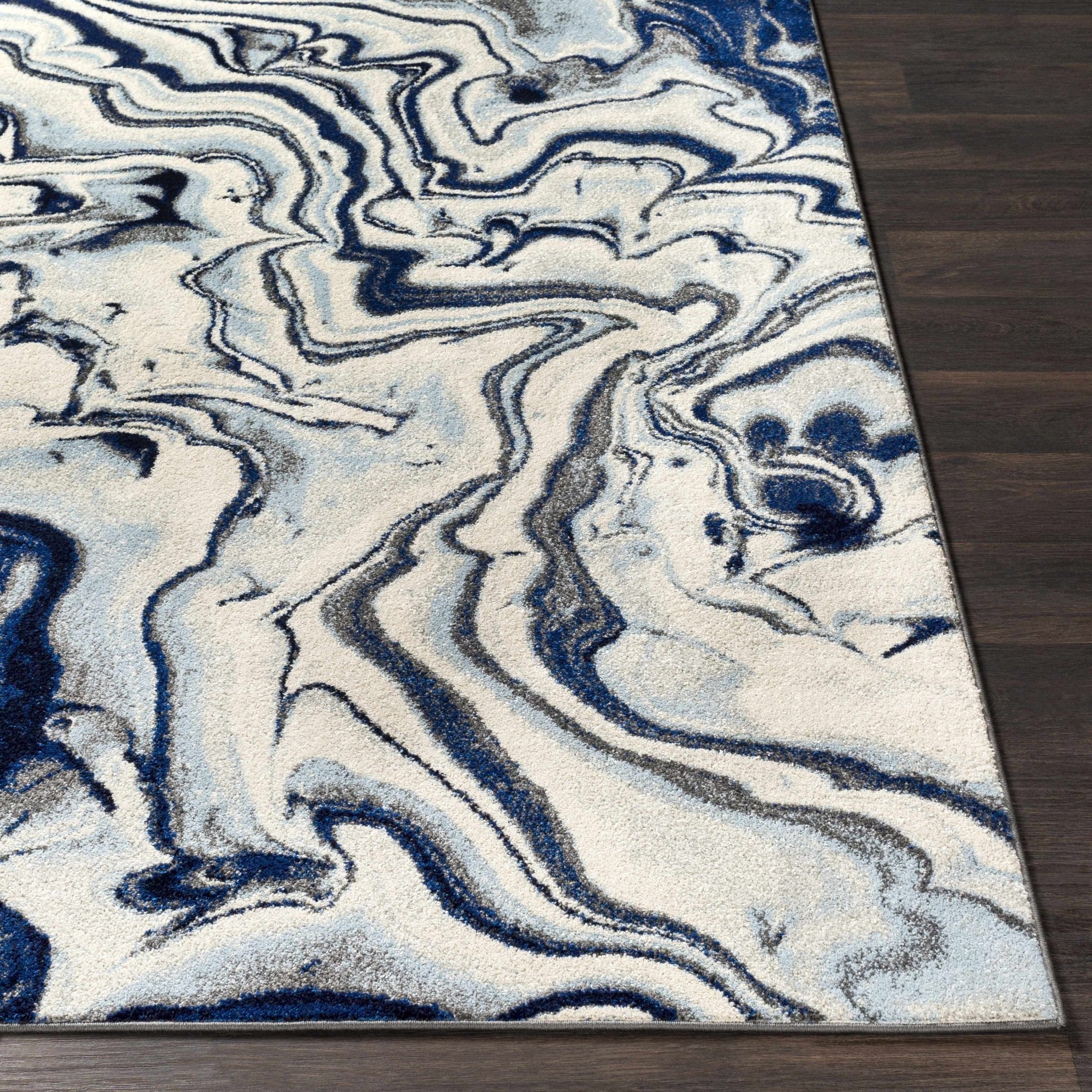 Blue, Ivory and Charcoal Modern Abstract marble Design Area Rug - Image 7