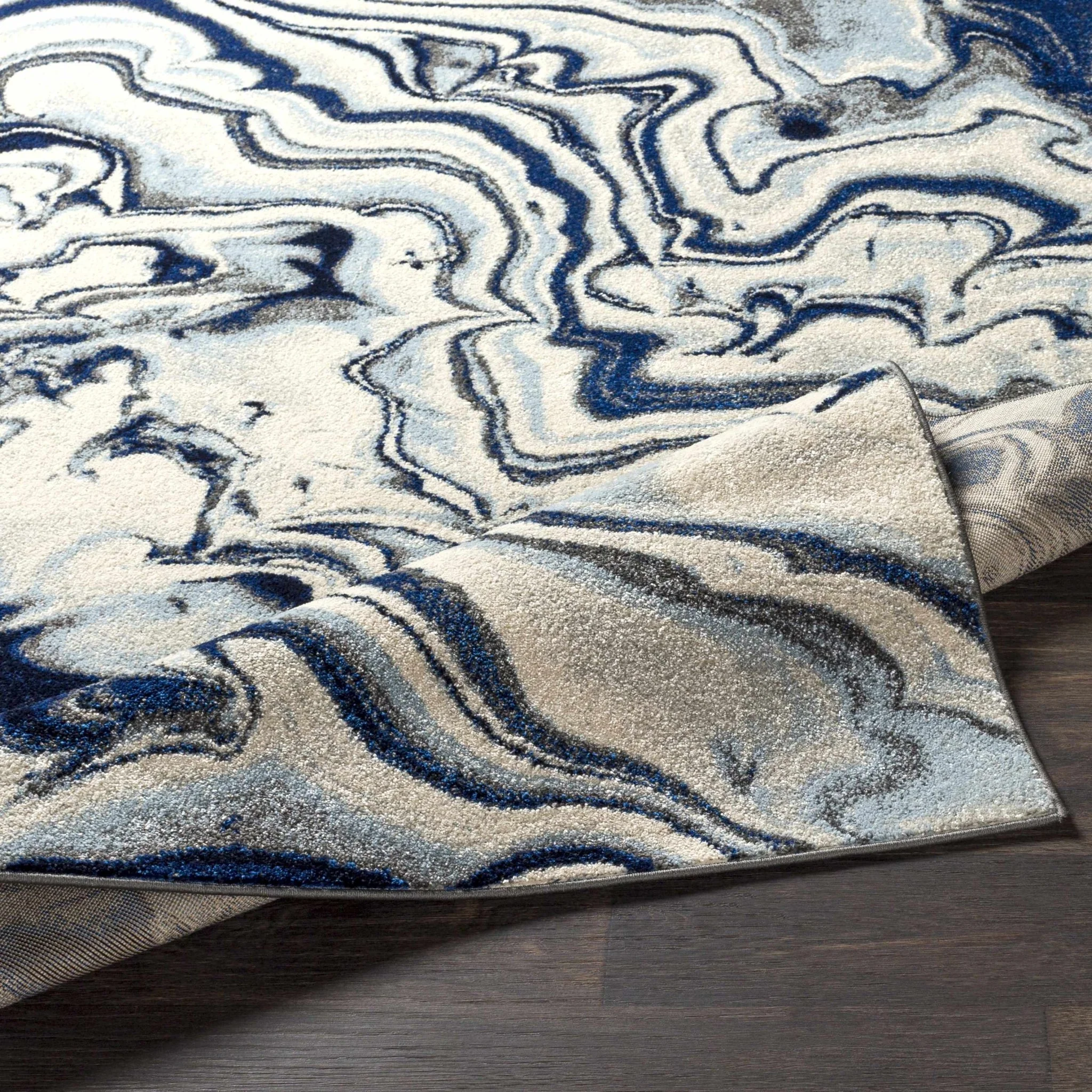 Blue, Ivory and Charcoal Modern Abstract marble Design Area Rug - Image 8