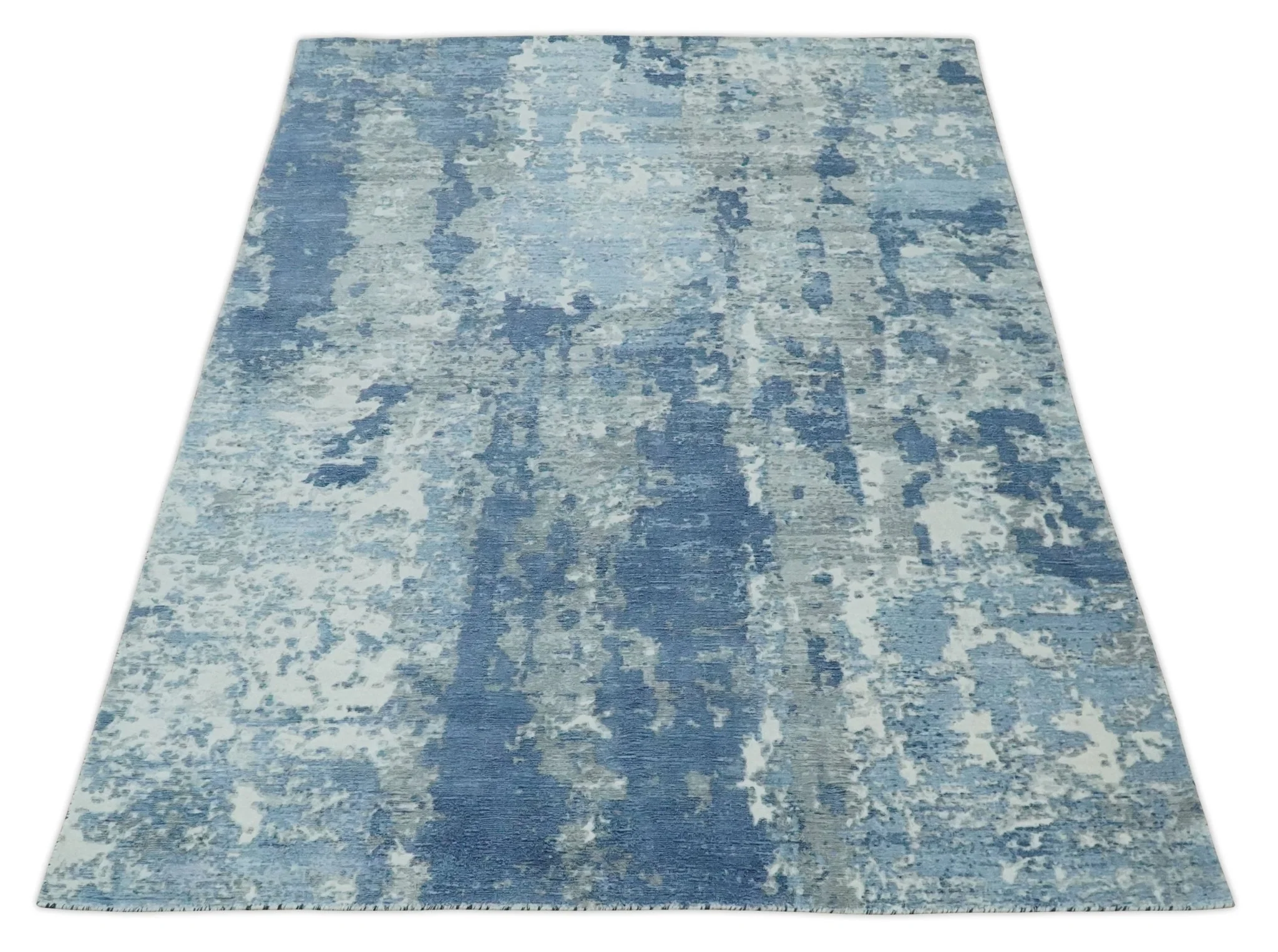 Blue, Ivory and Gray Modern Abstract 6x9 Hand Loomed Blended wool and Art silk Area Rug - Image 10