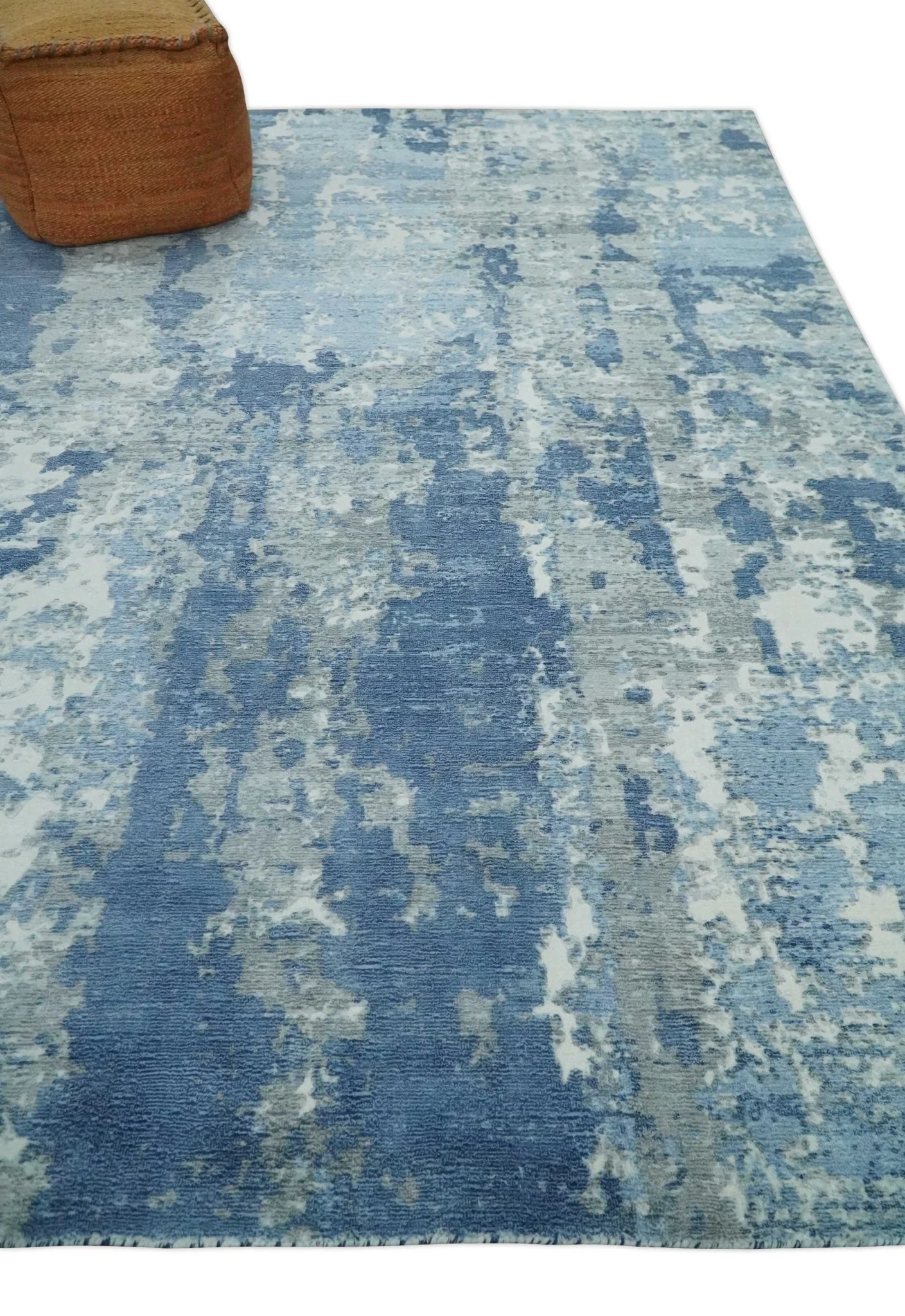 Blue, Ivory and Gray Modern Abstract 6x9 Hand Loomed Blended wool and Art silk Area Rug - Image 3