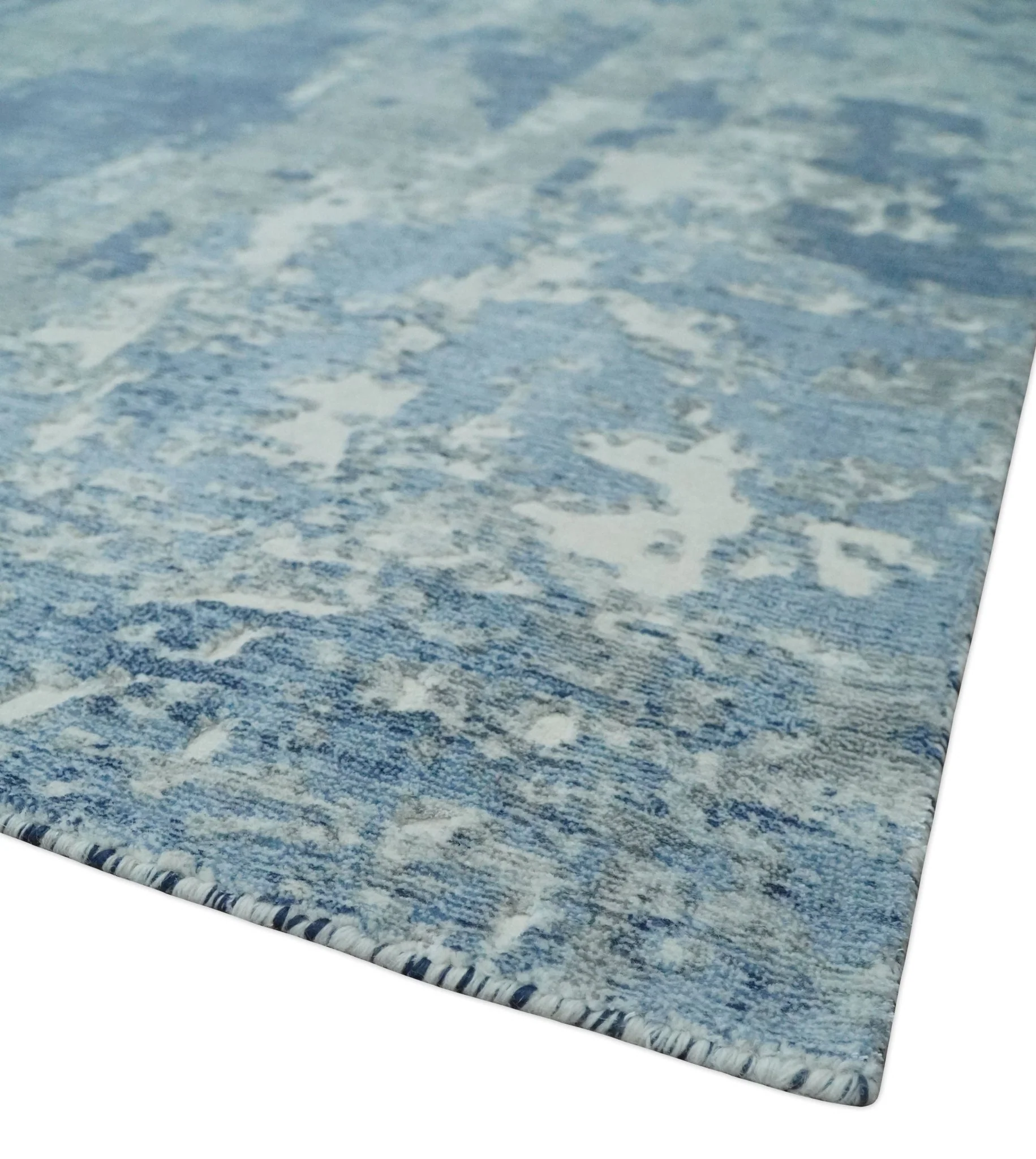 Blue, Ivory and Gray Modern Abstract 6x9 Hand Loomed Blended wool and Art silk Area Rug - Image 5