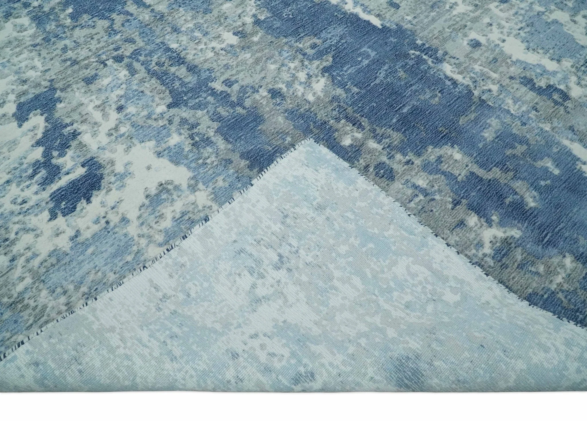 Blue, Ivory and Gray Modern Abstract 6x9 Hand Loomed Blended wool and Art silk Area Rug - Image 8