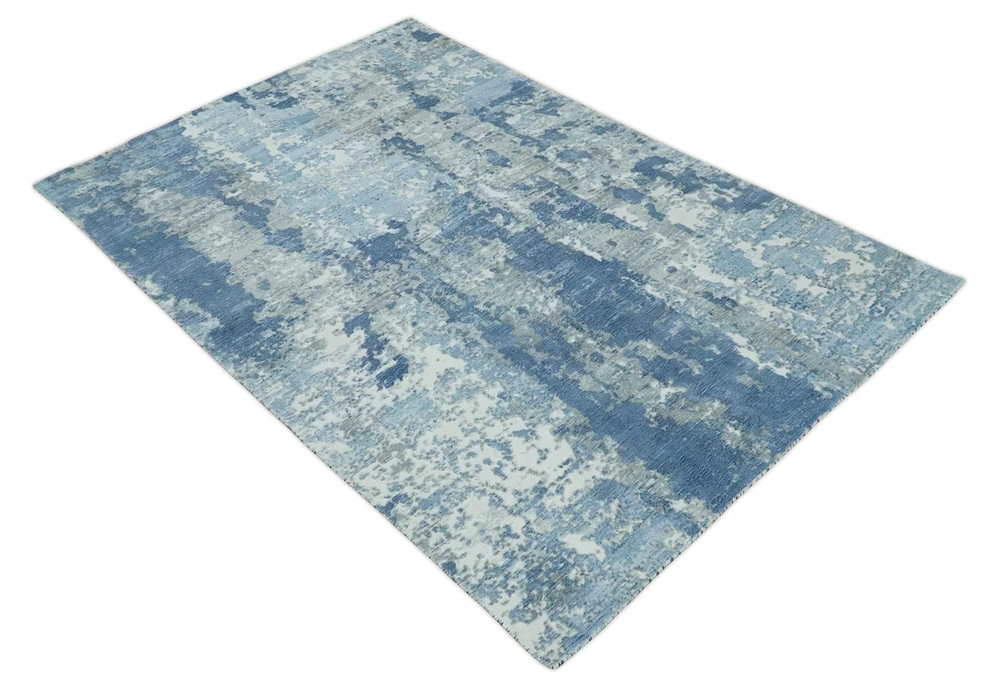 Blue, Ivory and Gray Modern Abstract 6x9 Hand Loomed Blended wool and Art silk Area Rug - Image 9