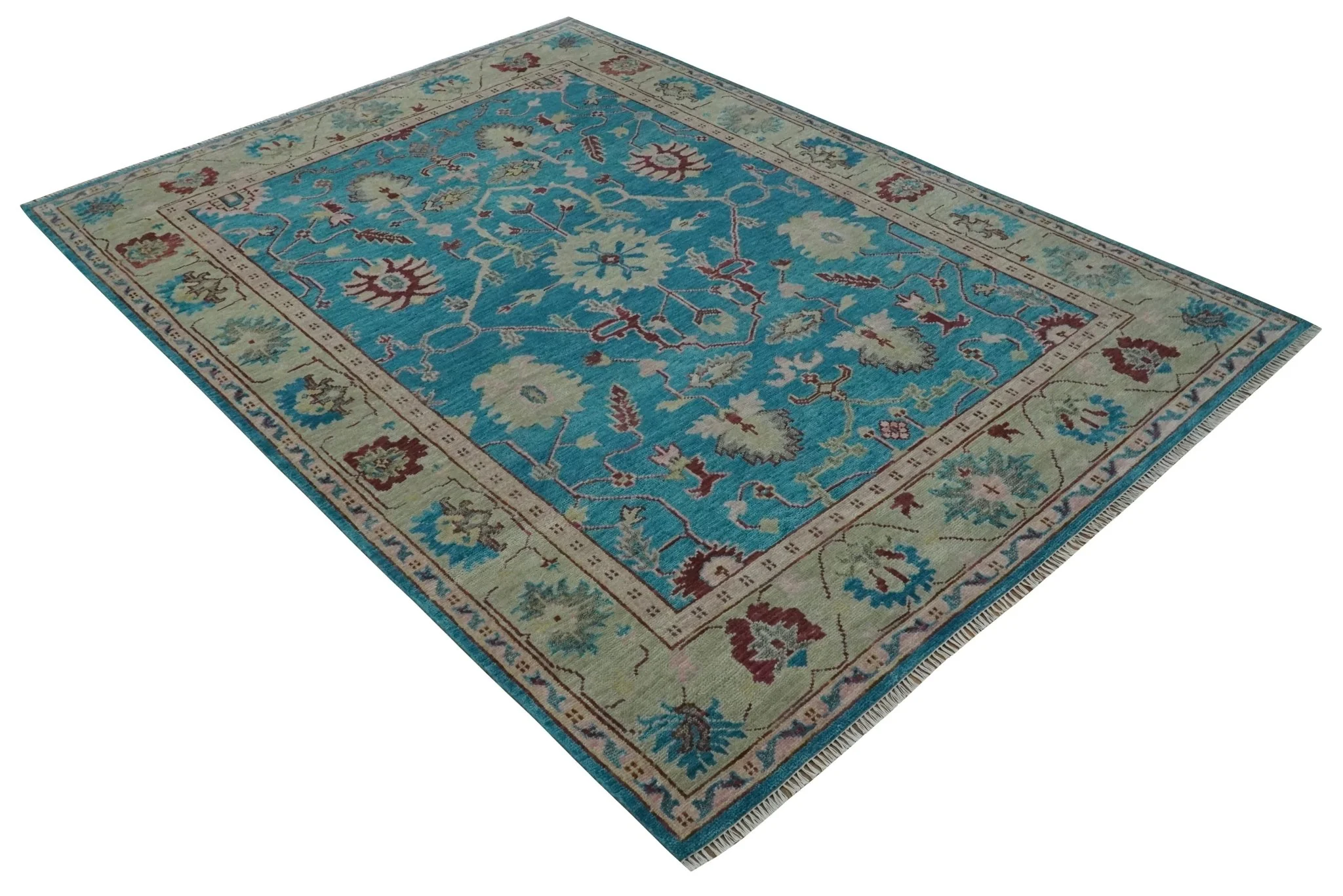 Hand Knotted Blue, Ivory and Maroon Oriental Oushak 9x12 Traditional Wool Area Rug - Image 10