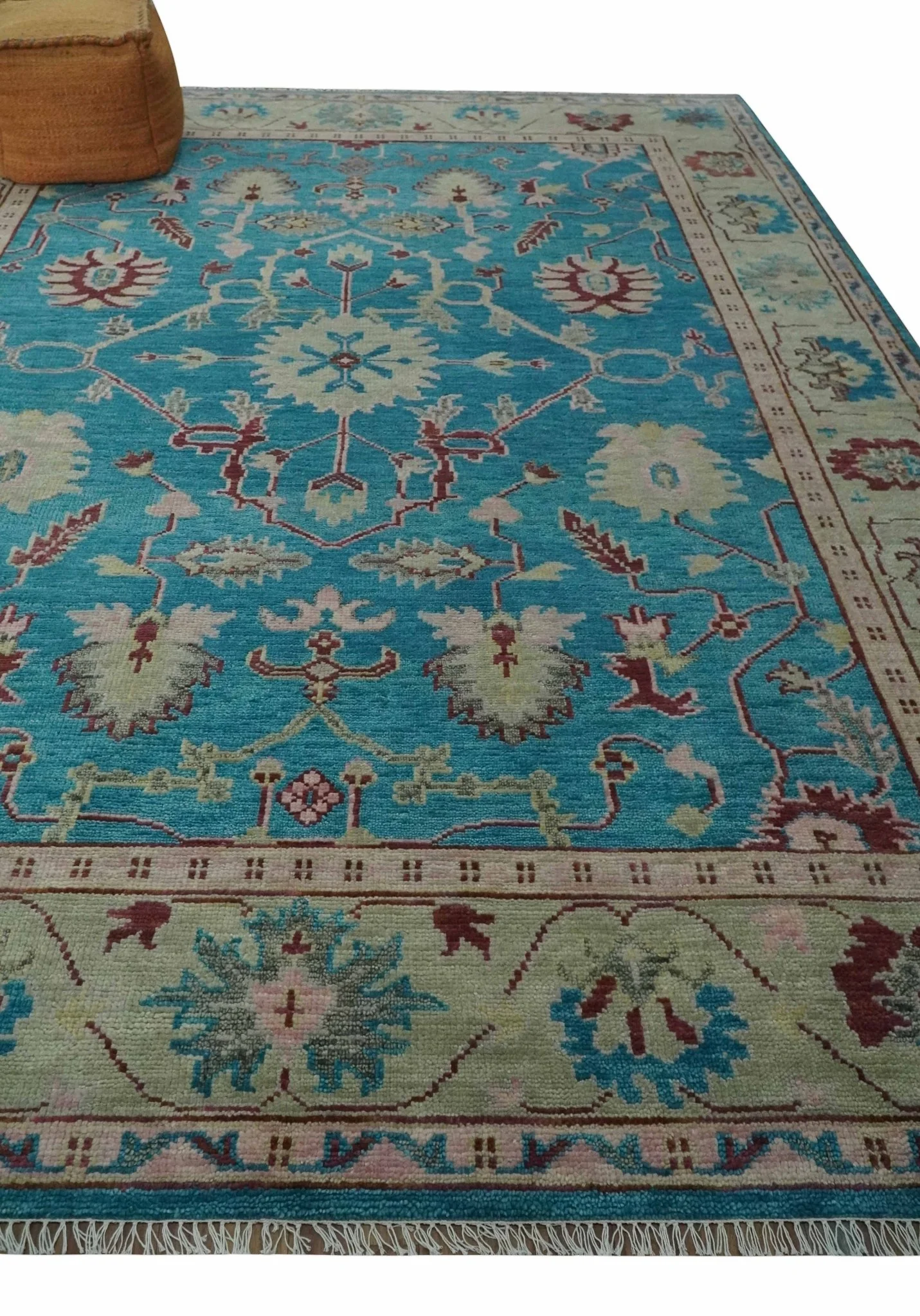 Hand Knotted Blue, Ivory and Maroon Oriental Oushak 9x12 Traditional Wool Area Rug - Image 3