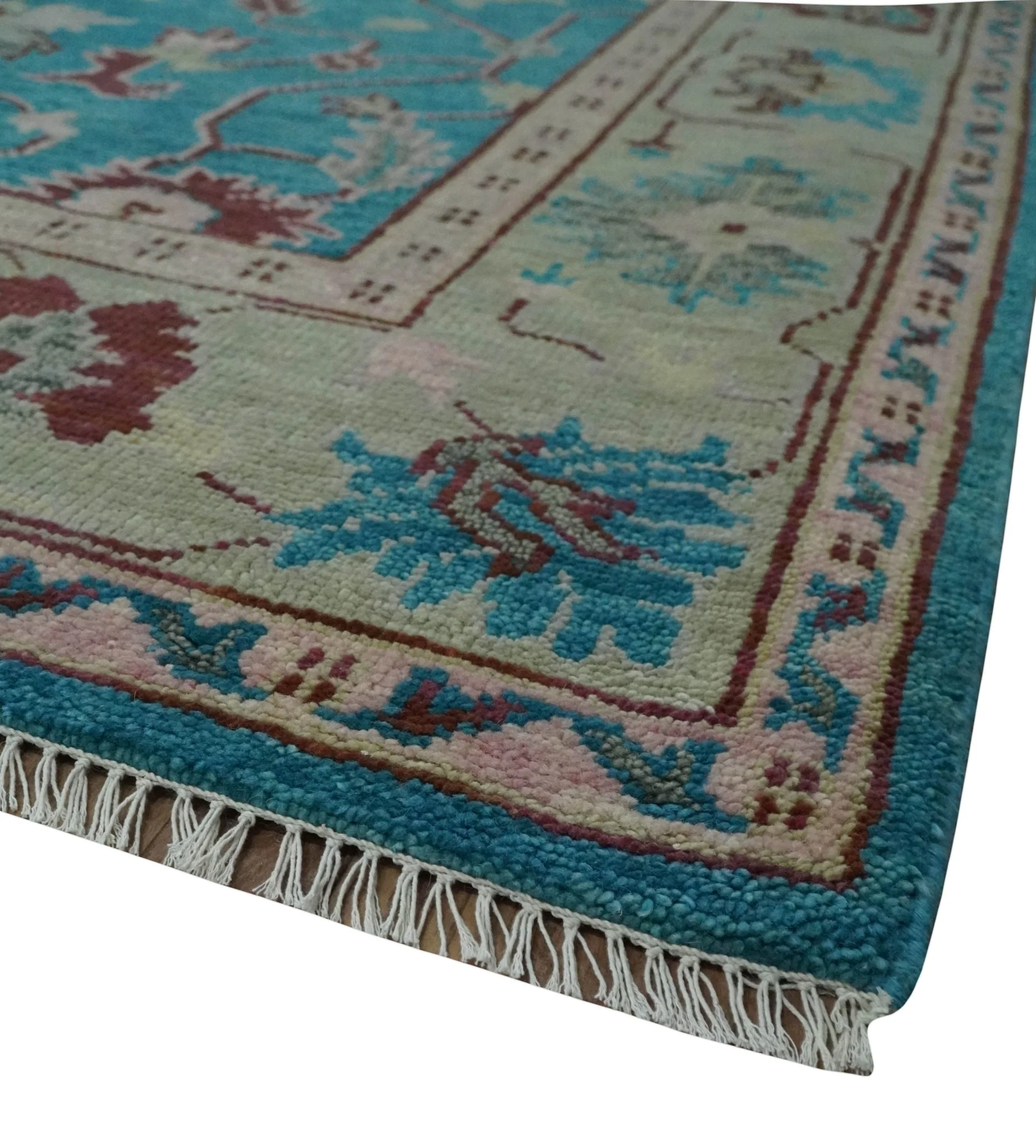 Hand Knotted Blue, Ivory and Maroon Oriental Oushak Multi Size Traditional Wool Area Rug - Image 5