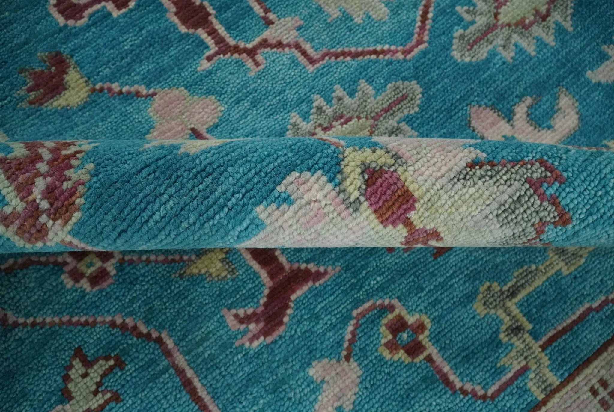 Hand Knotted Blue, Ivory and Maroon Oriental Oushak Multi Size Traditional Wool Area Rug - Image 6