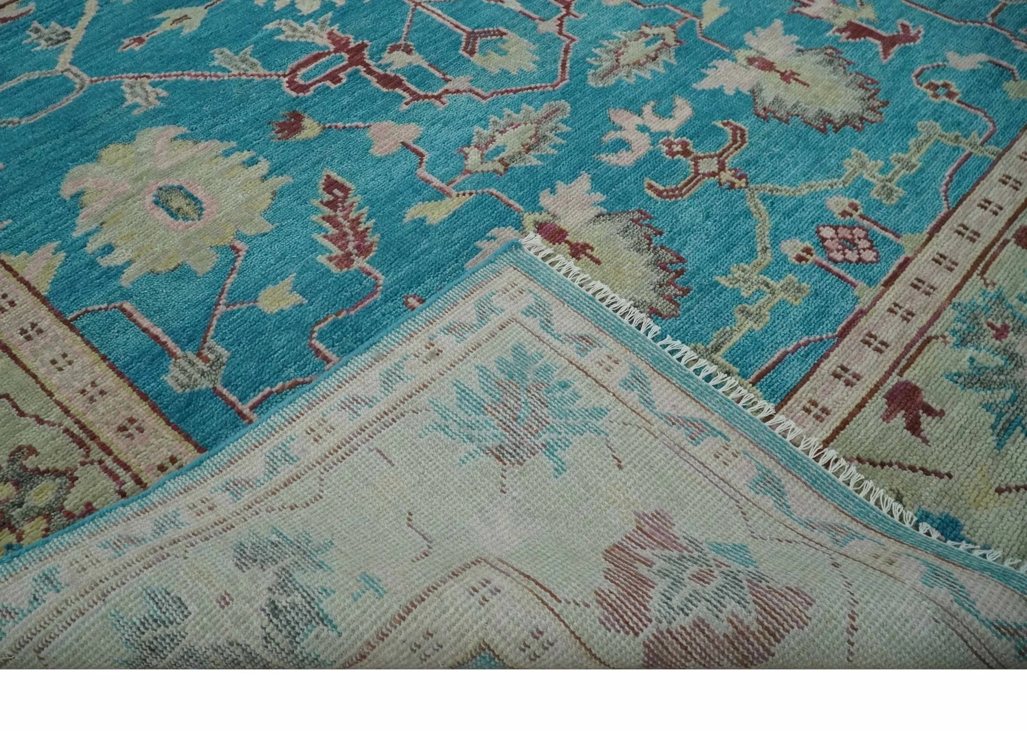 Hand Knotted Blue, Ivory and Maroon Oriental Oushak Multi Size Traditional Wool Area Rug - Image 7