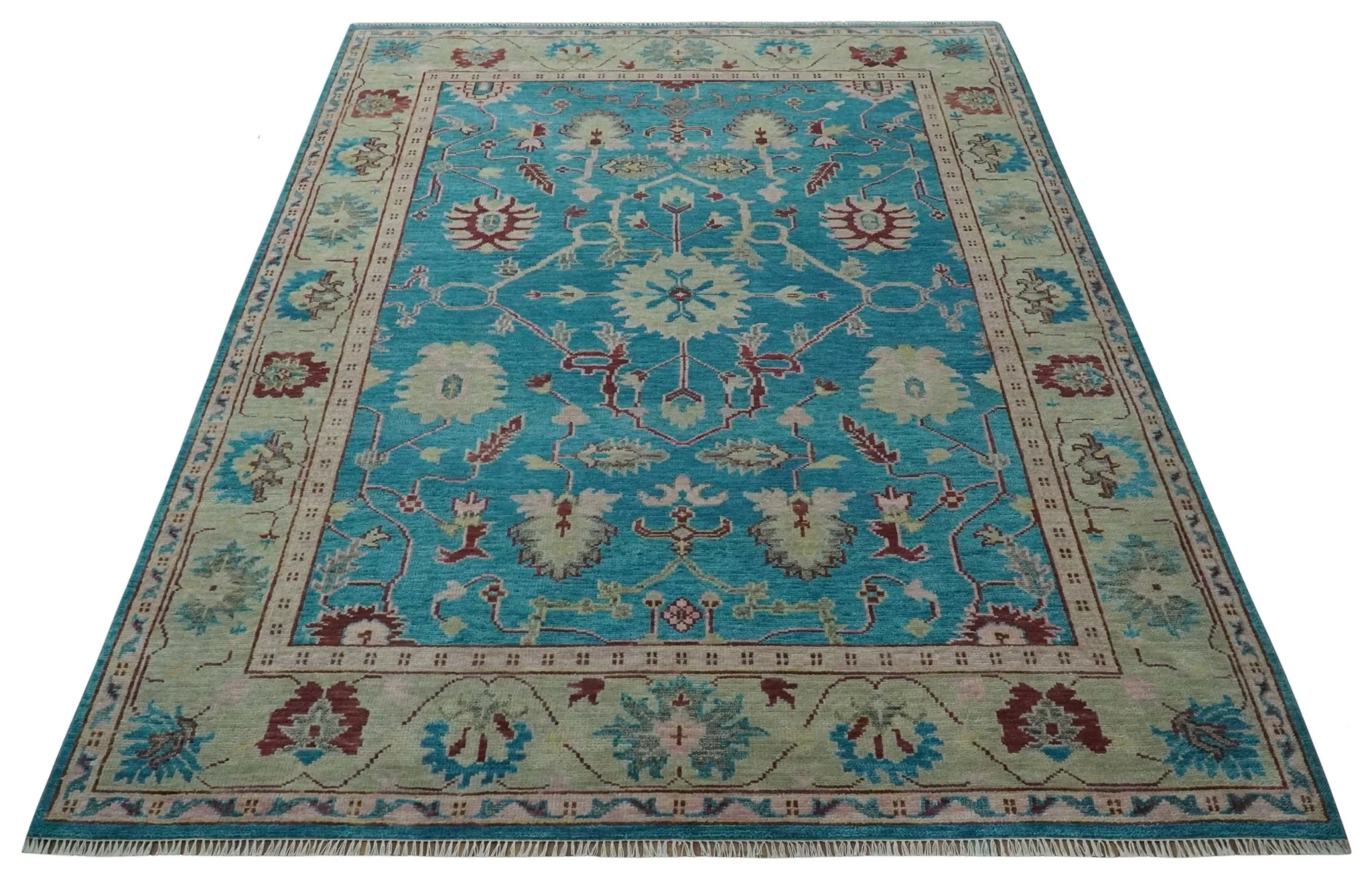 Hand Knotted Blue, Ivory and Maroon Oriental Oushak Multi Size Traditional Wool Area Rug - Image 9