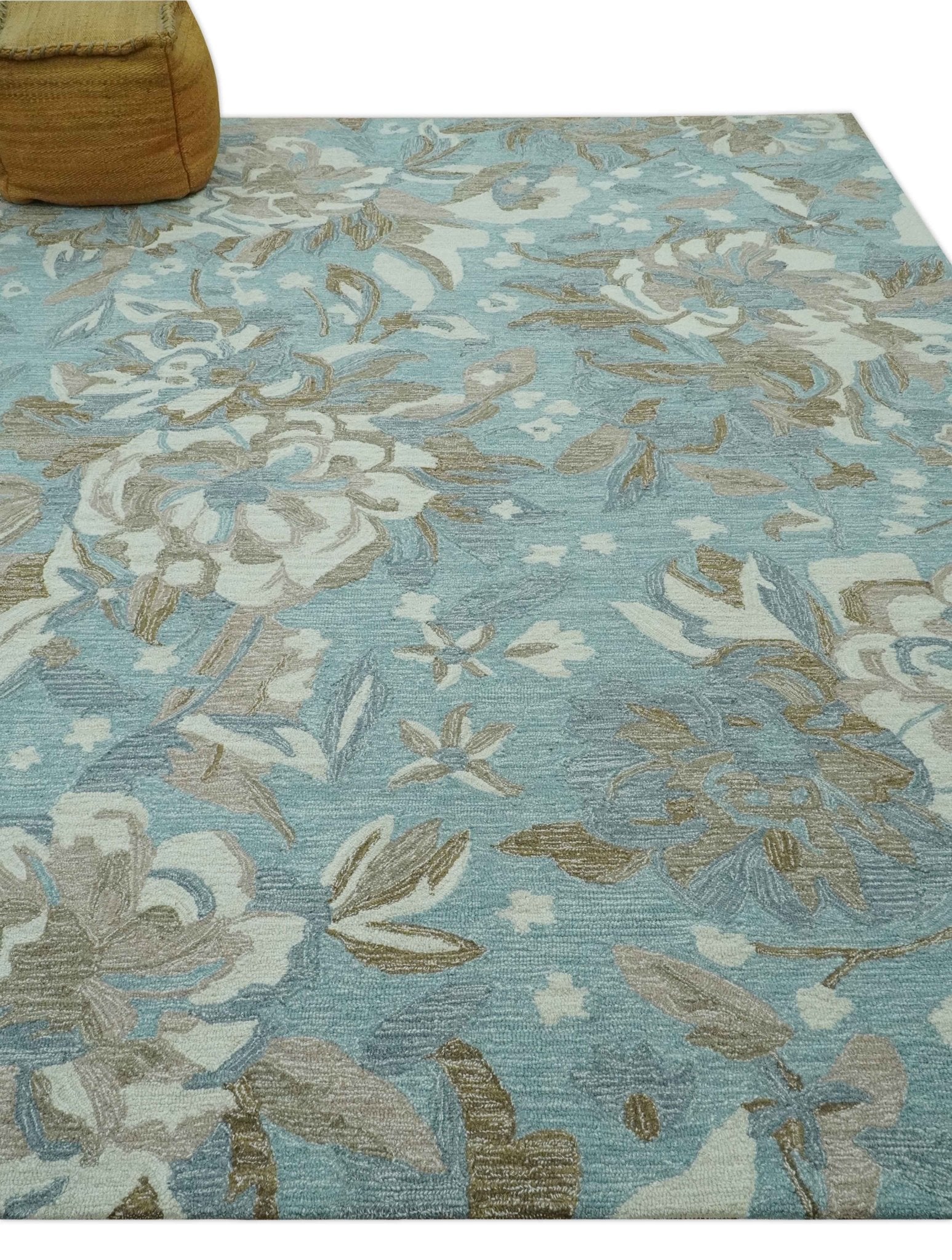 Beautiful Blue, Ivory and Olive Floral Design 8x10 Hand Tufted wool Rug - Image 3