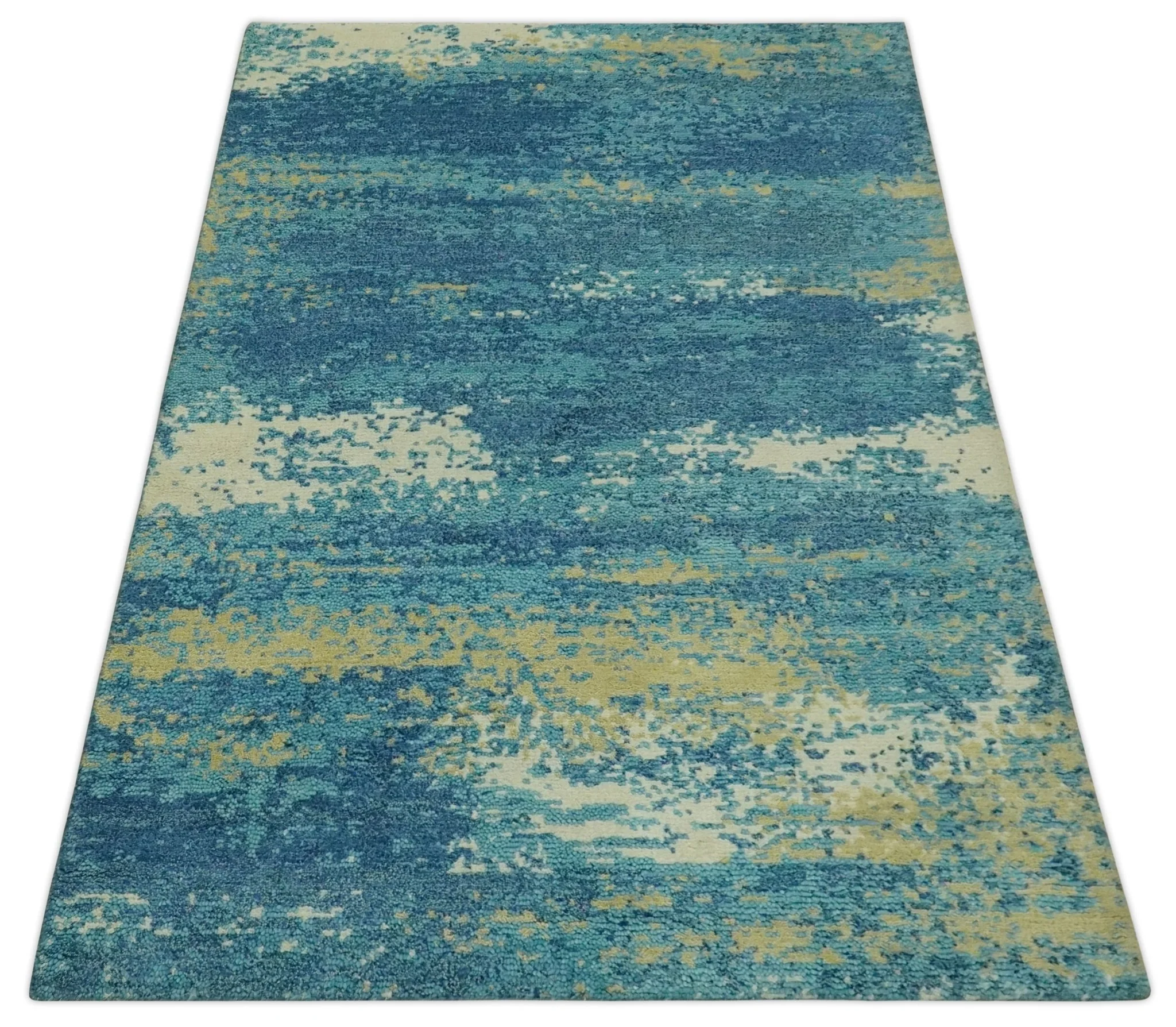 5x8 Modern Abstract Blue, Ivory and Olive Hand Knotted wool Area Rug - Image 10
