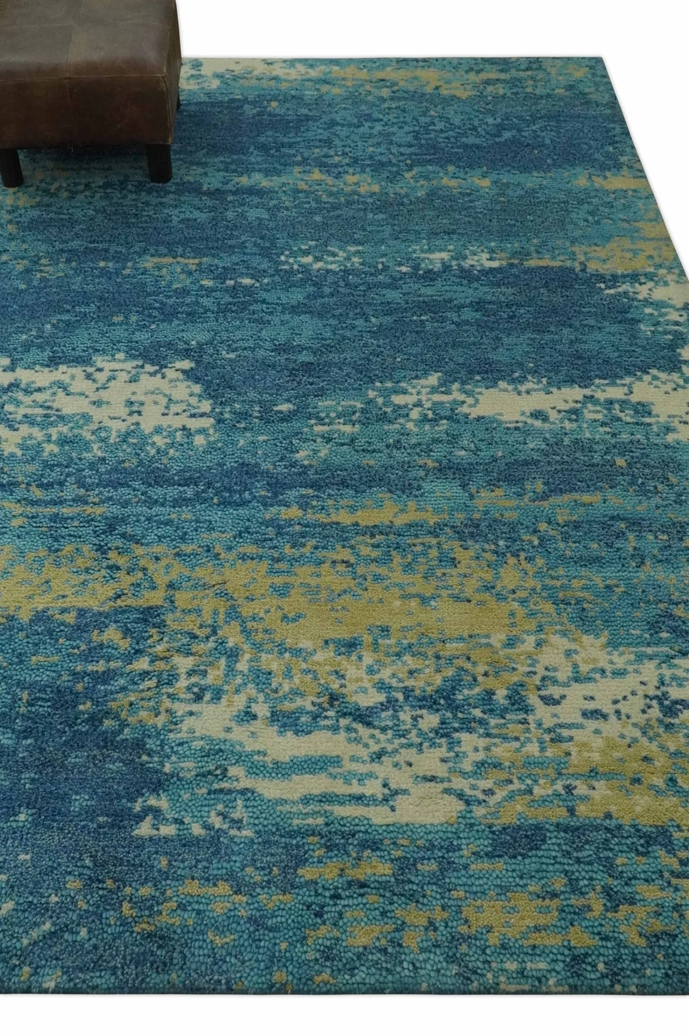 5x8 Modern Abstract Blue, Ivory and Olive Hand Knotted wool Area Rug - Image 3