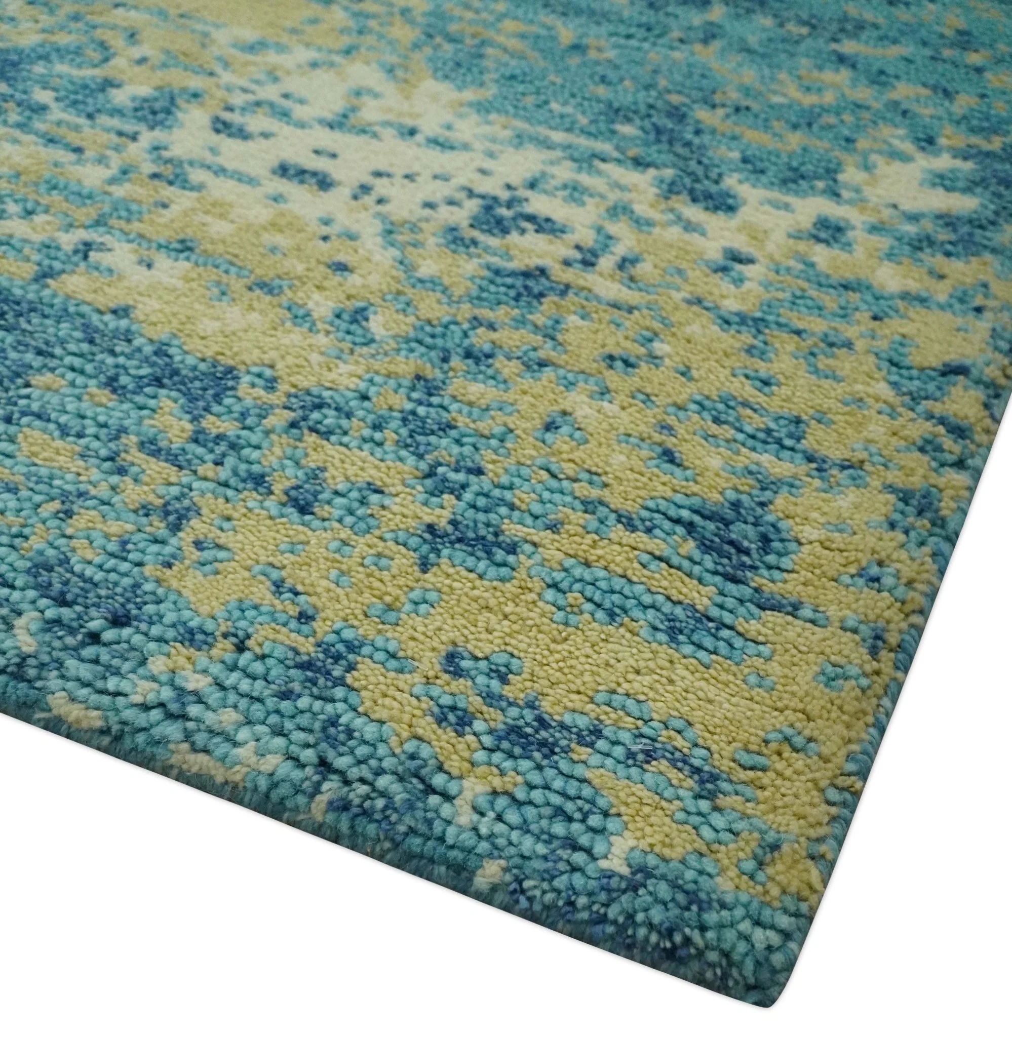 5x8 Modern Abstract Blue, Ivory and Olive Hand Knotted wool Area Rug - Image 5