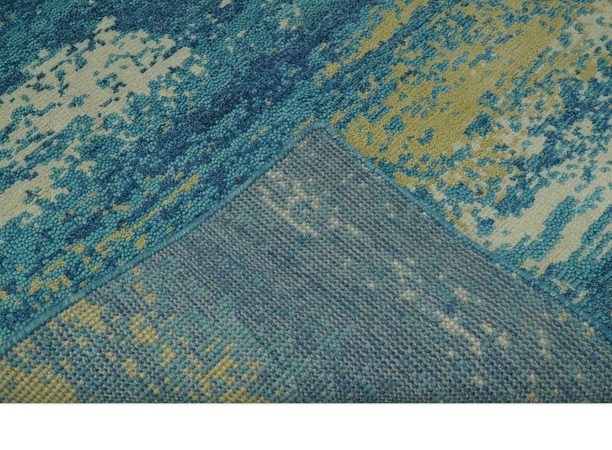 5x8 Modern Abstract Blue, Ivory and Olive Hand Knotted wool Area Rug - Image 6