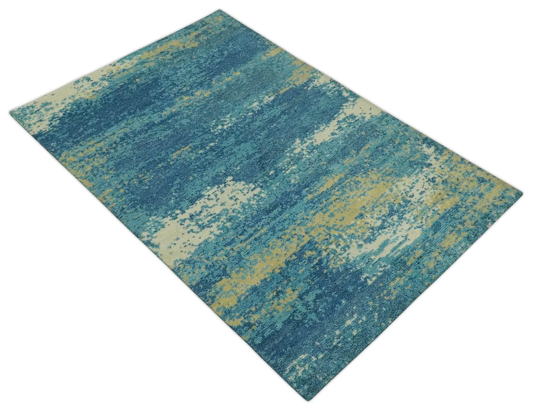5x8 Modern Abstract Blue, Ivory and Olive Hand Knotted wool Area Rug - Image 9