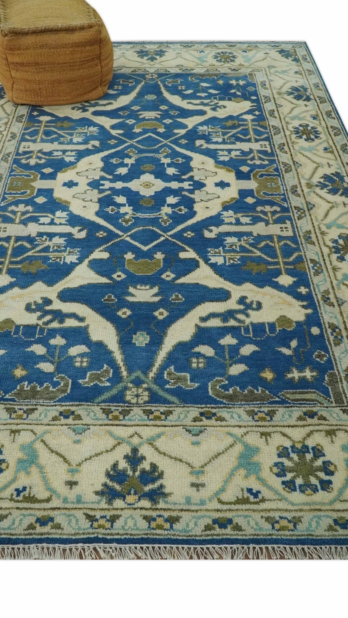Hand Knotted Blue, Ivory and Olive 6x9 Oriental Oushak wool area rug - Image 10
