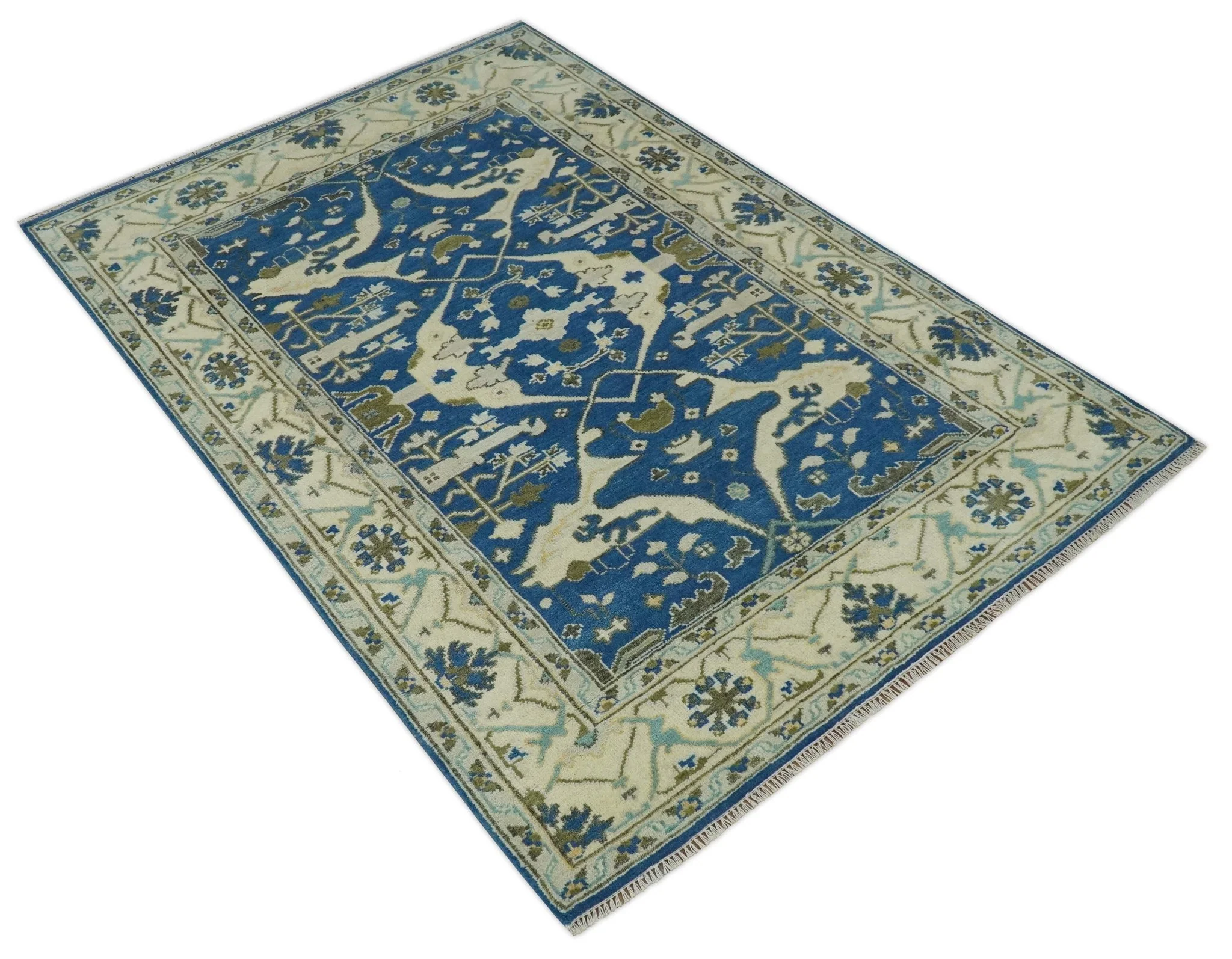 Hand Knotted Blue, Ivory and Olive 6x9 Oriental Oushak wool area rug - Image 3