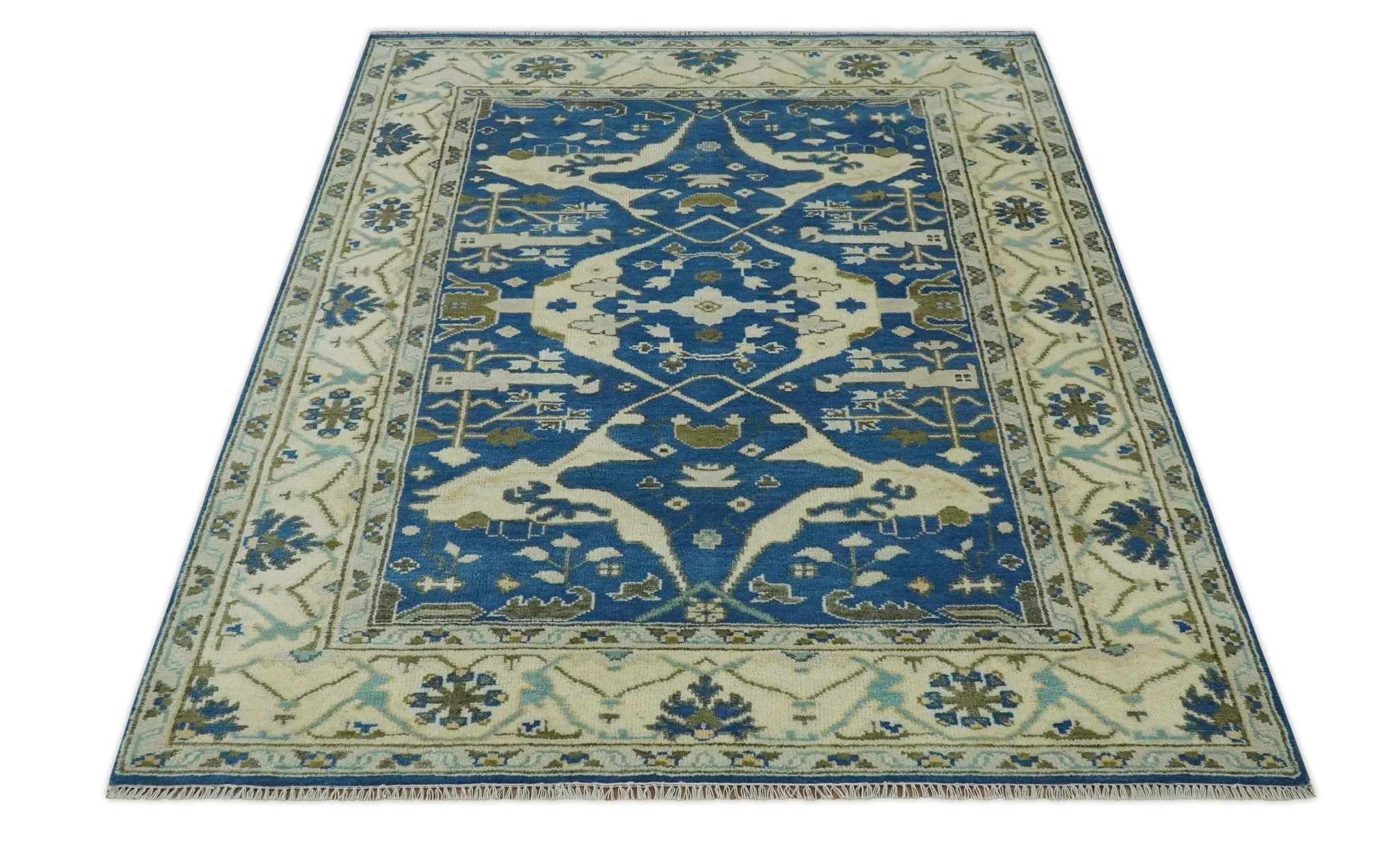Hand Knotted Blue, Ivory and Olive 6x9 Oriental Oushak wool area rug - Image 4