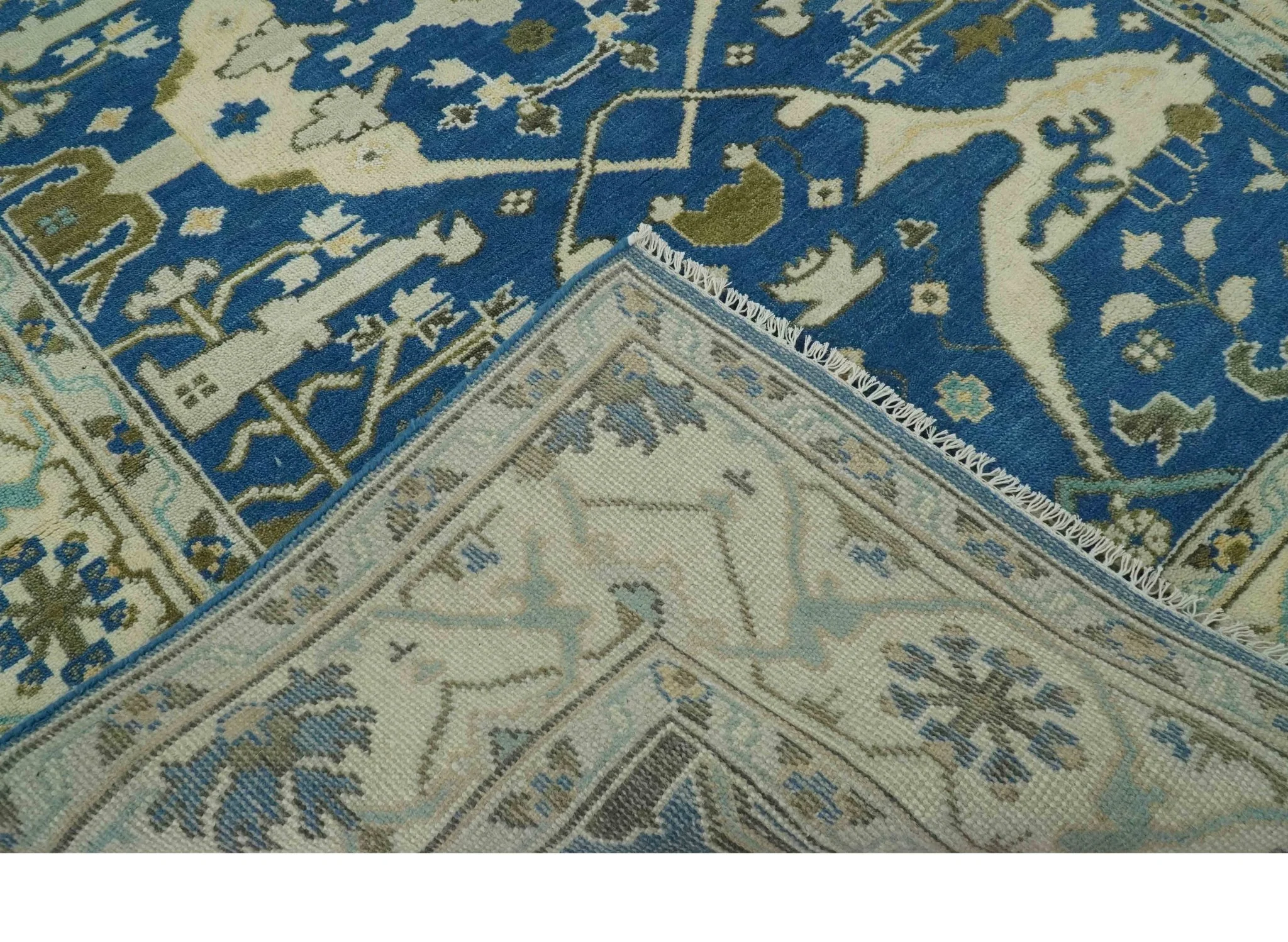 Hand Knotted Blue, Ivory and Olive 6x9 Oriental Oushak wool area rug - Image 7