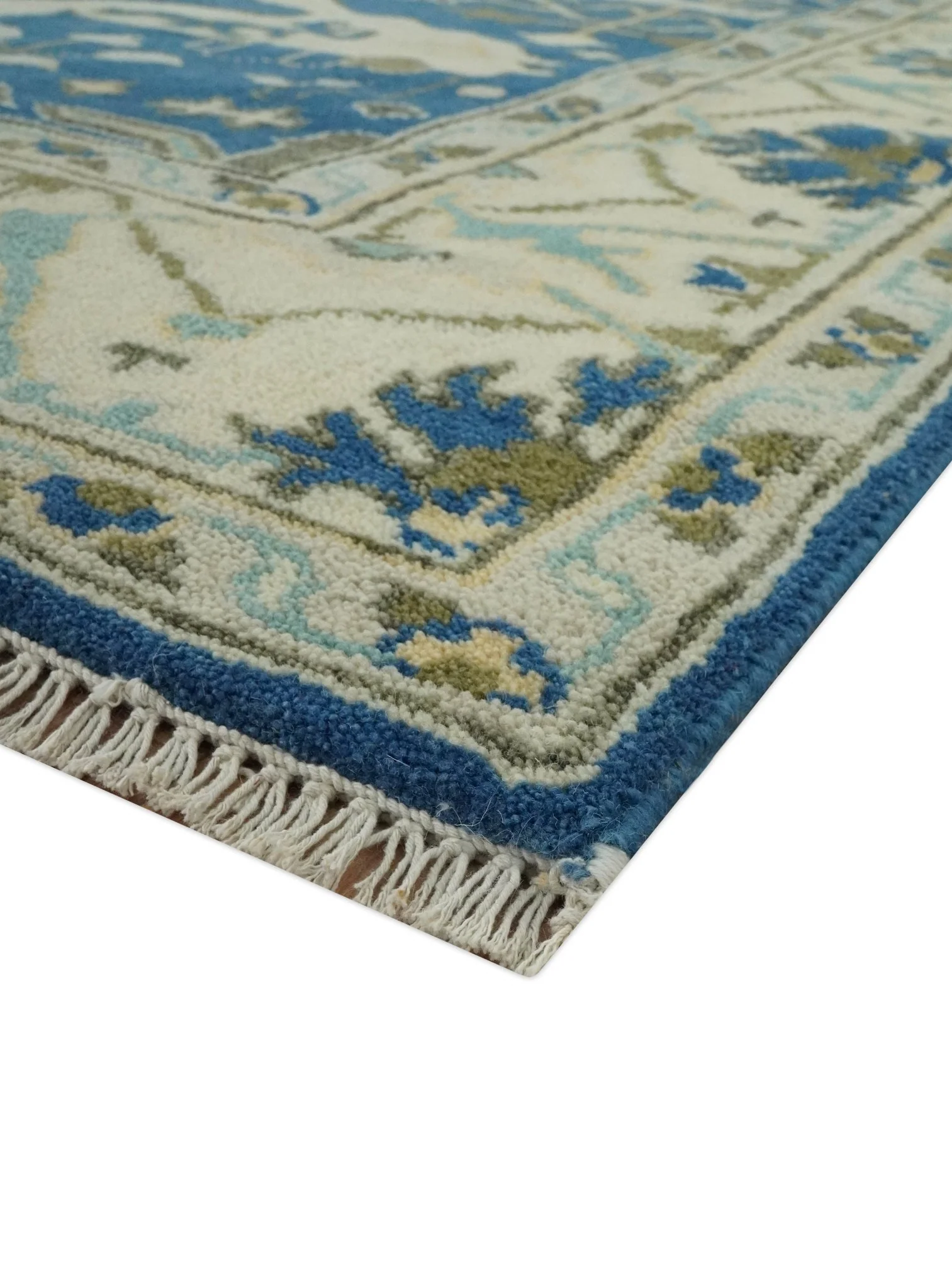 Hand Knotted Blue, Ivory and Olive 6x9 Oriental Oushak wool area rug - Image 8