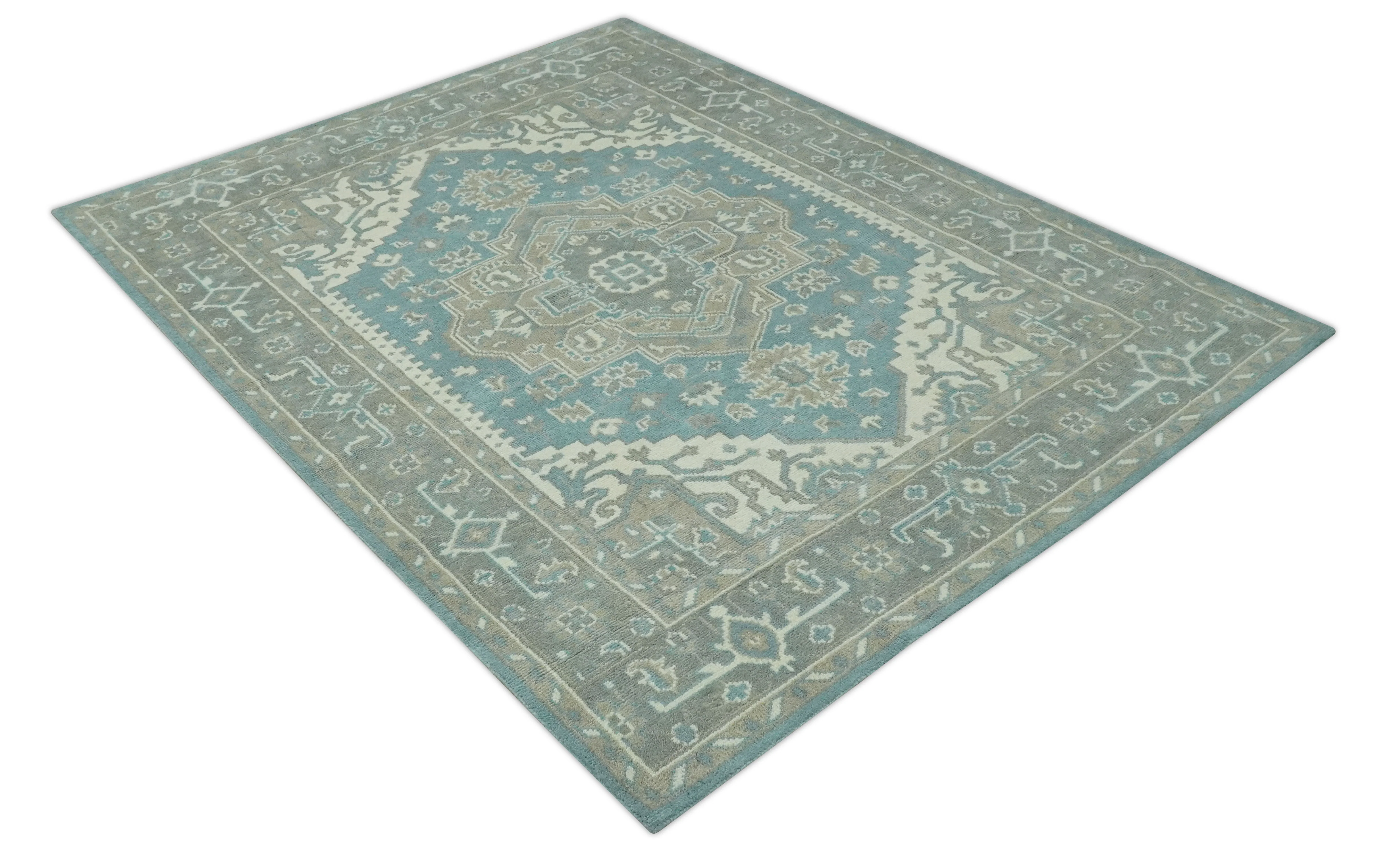 Custom Made Hand Knotted Blue, Ivory, Camel and Gray Traditional Heriz wool rug - Image 10