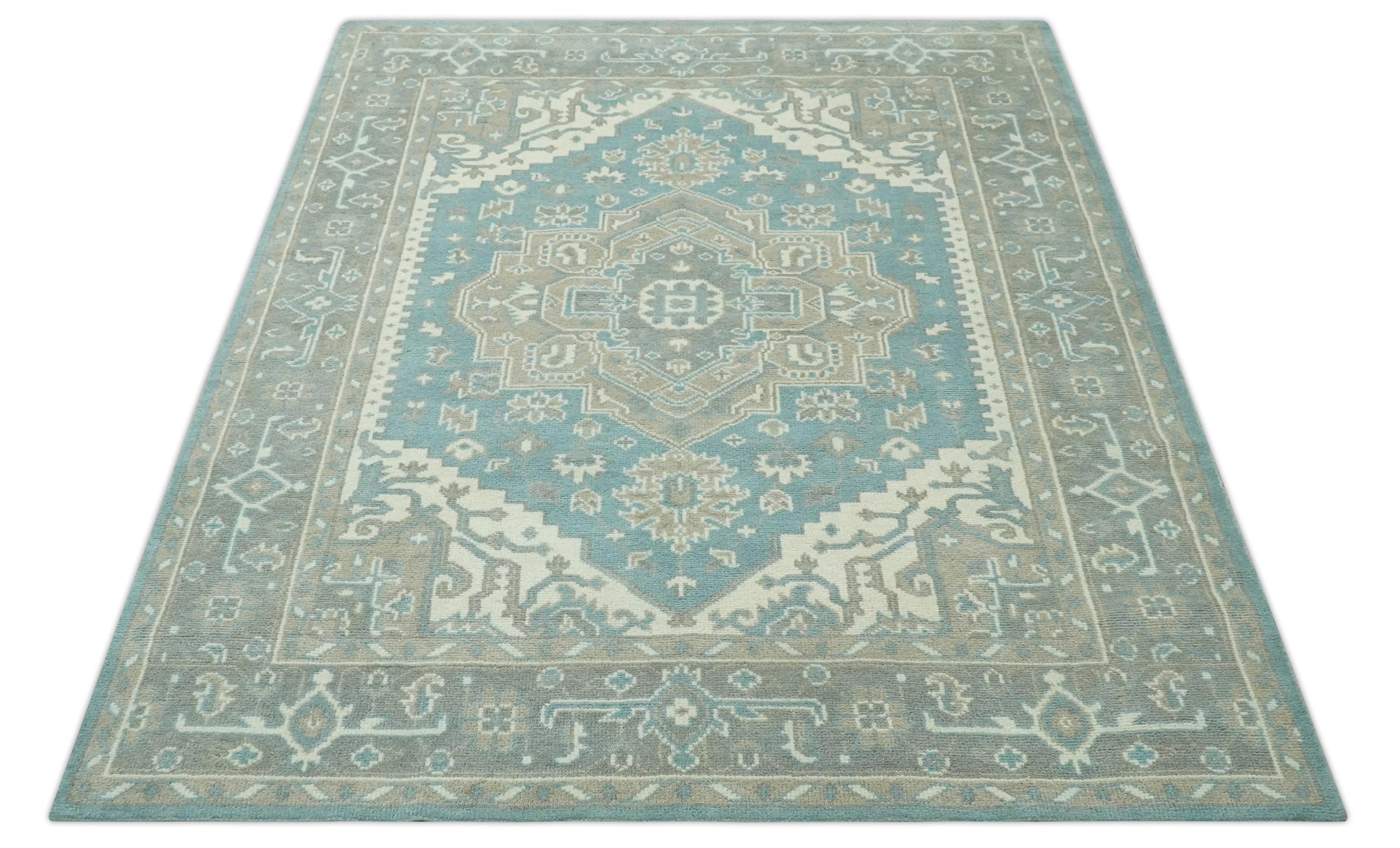 Custom Made Hand Knotted Blue, Ivory, Camel and Gray Traditional Heriz wool rug - Image 11