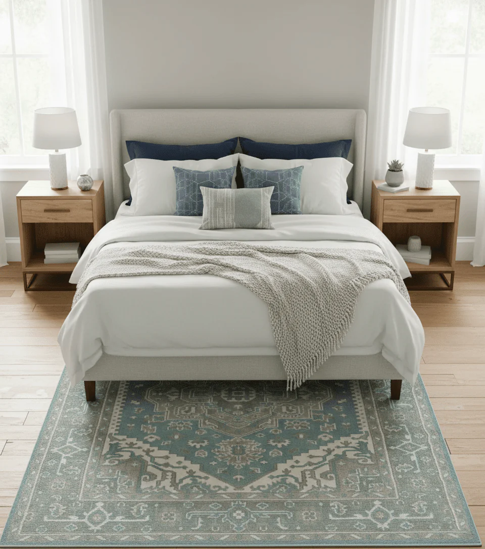 Custom Made Hand Knotted Blue, Ivory, Camel and Gray Traditional Heriz wool rug - Image 2