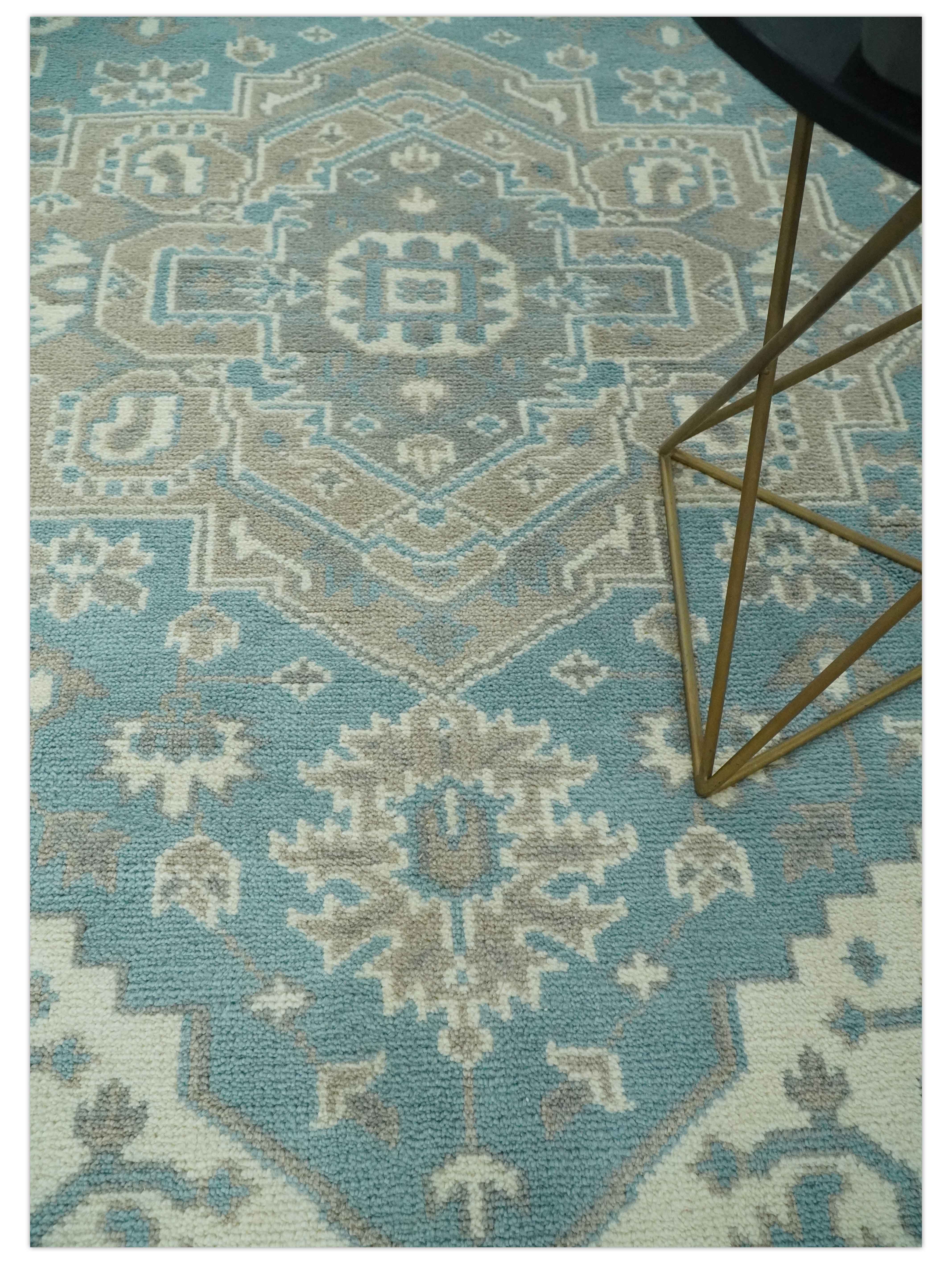 Custom Made Hand Knotted Blue, Ivory, Camel and Gray Traditional Heriz wool rug - Image 3