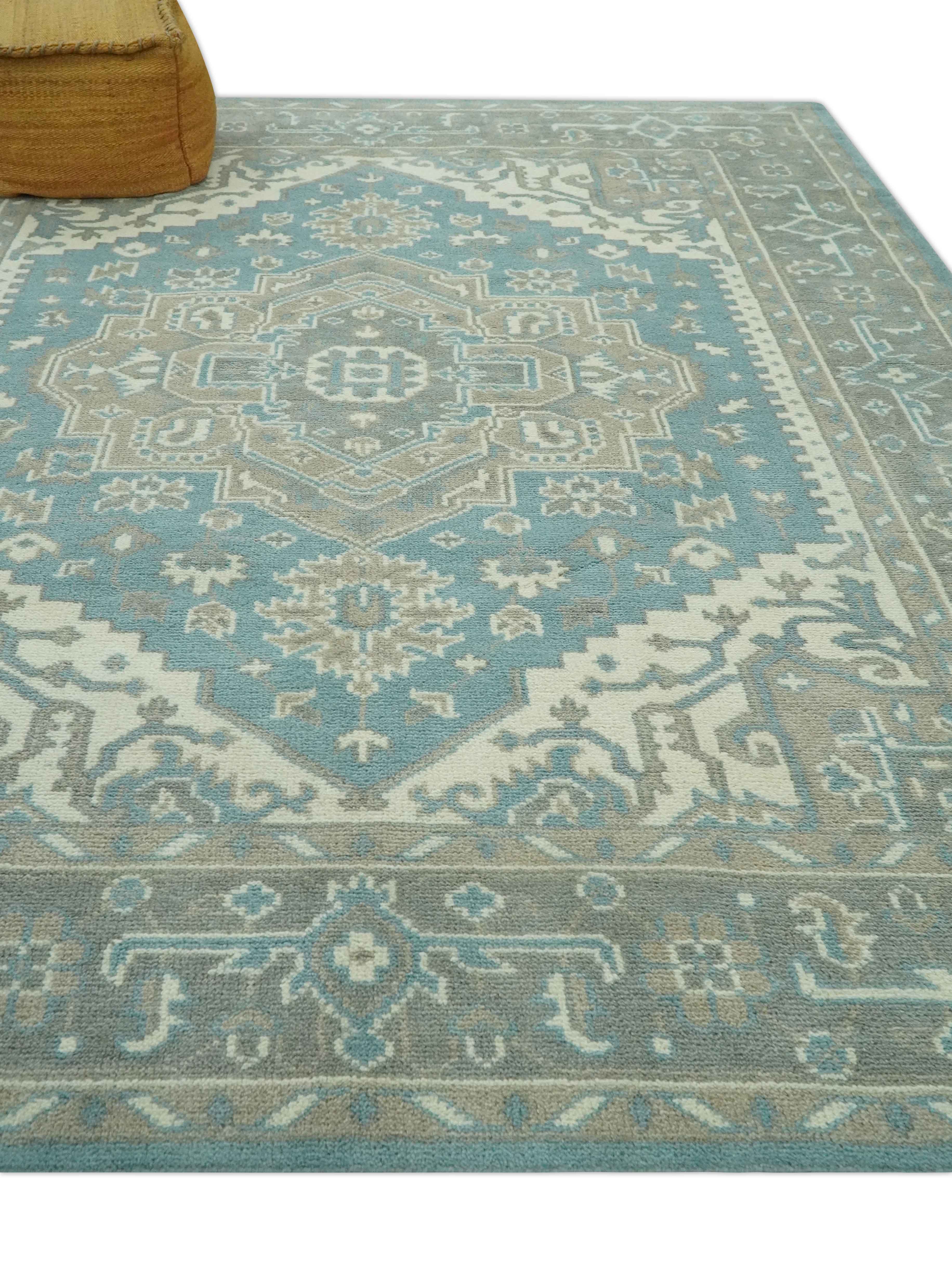 Custom Made Hand Knotted Blue, Ivory, Camel and Gray Traditional Heriz wool rug - Image 4