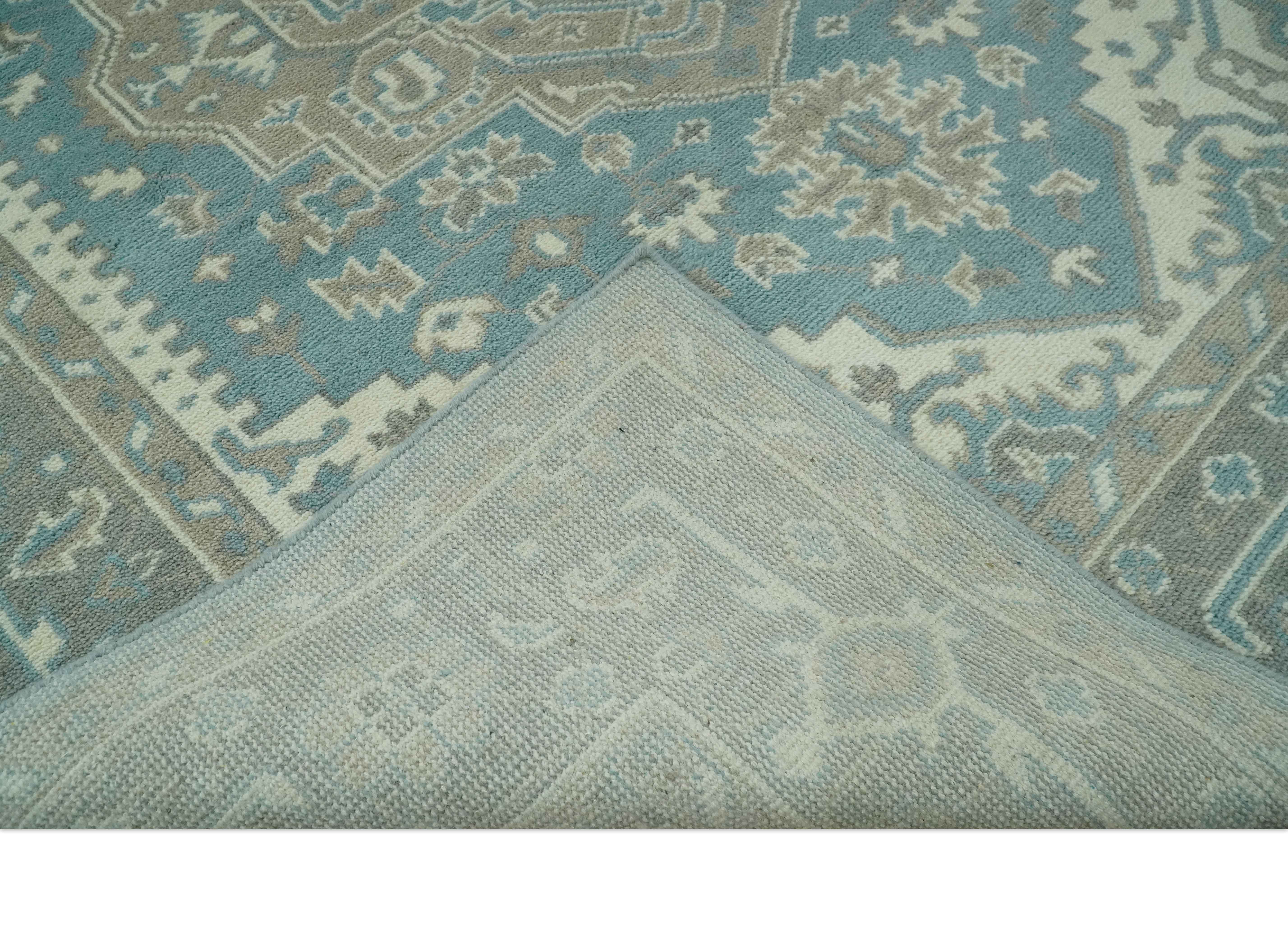 Custom Made Hand Knotted Blue, Ivory, Camel and Gray Traditional Heriz wool rug - Image 8