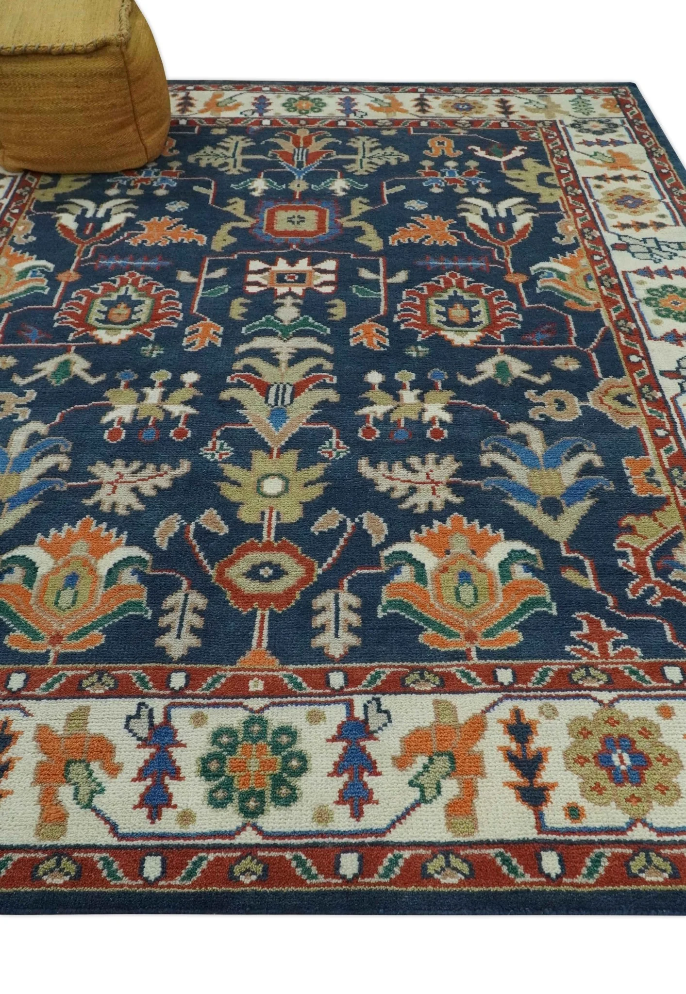 Premium Style Vibrant Colorful Blue, Ivory, Rust and Orange Traditional Hand Knotted Oriental Oushak Multi Size wool Area Rug - Image 10