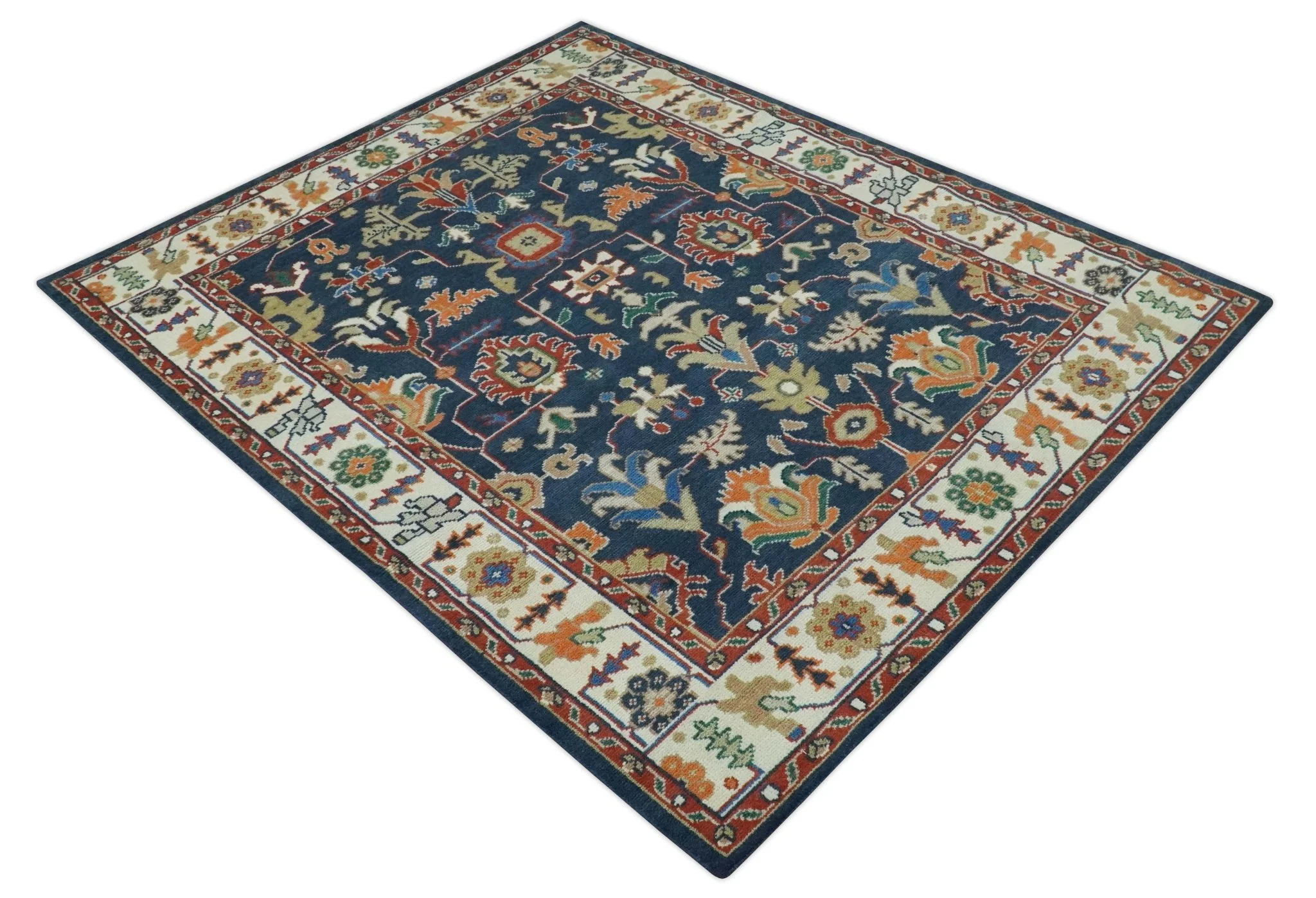 Premium Style Vibrant Colorful Blue, Ivory, Rust and Orange Traditional Hand Knotted Oriental Oushak Multi Size wool Area Rug - Image 3