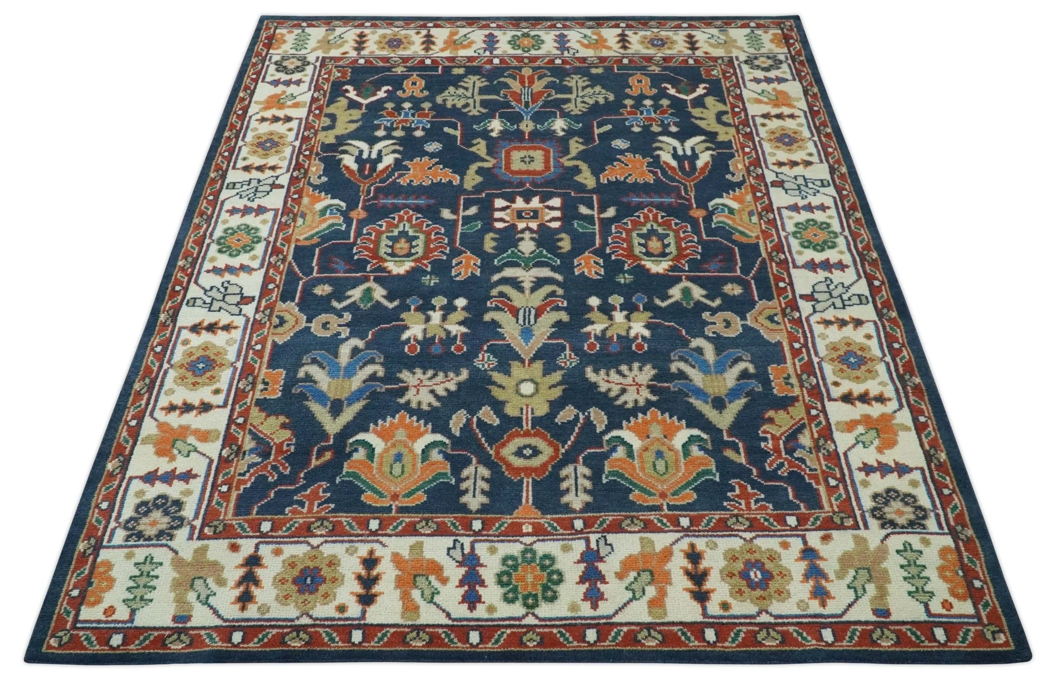 Premium Style Vibrant Colorful Blue, Ivory, Rust and Orange Traditional Hand Knotted Oriental Oushak Multi Size wool Area Rug - Image 4