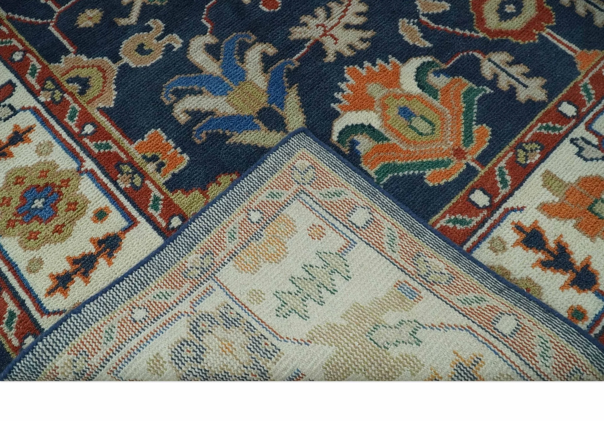 Premium Style Vibrant Colorful Blue, Ivory, Rust and Orange Traditional Hand Knotted Oriental Oushak Multi Size wool Area Rug - Image 8