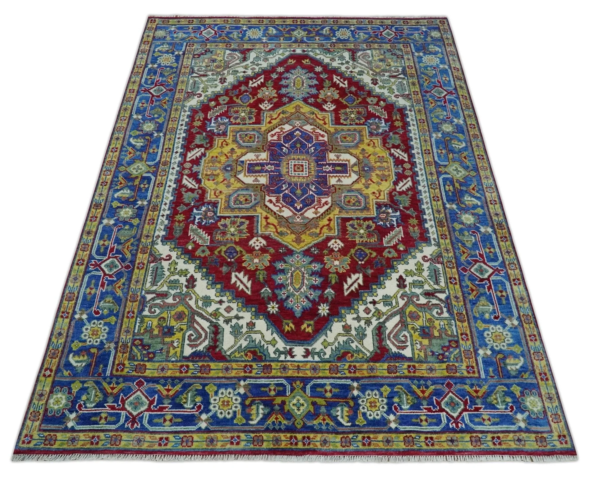 Blue, Maroon and Gold Hand Knotted Traditional Heriz Serapi Multi size Wool Area Rug - Image 10