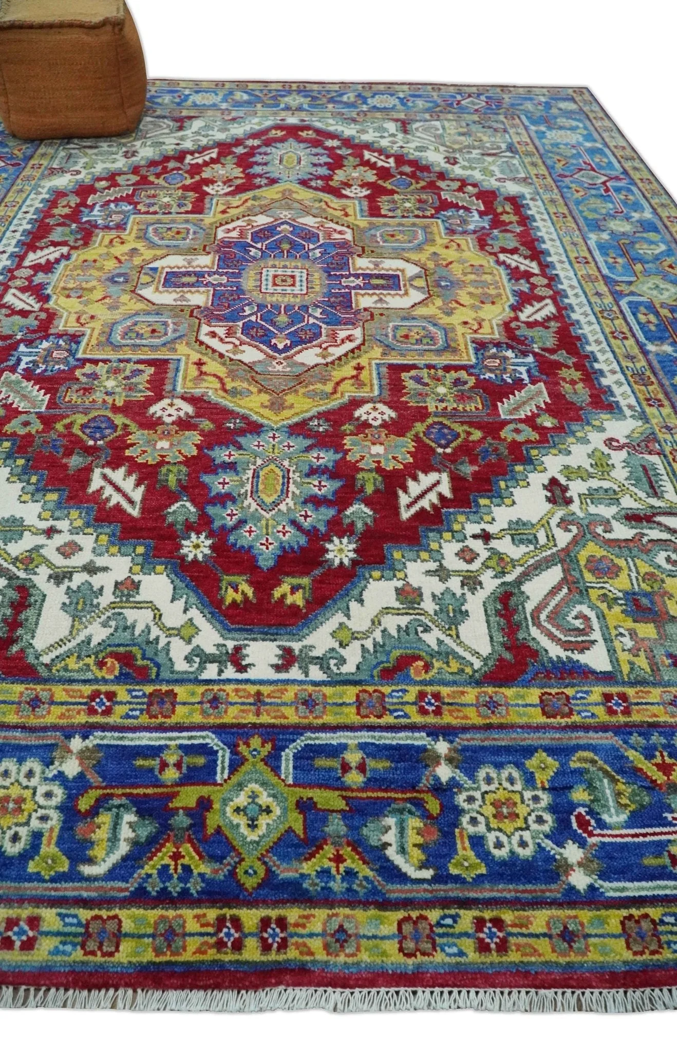 Blue, Maroon and Gold Hand Knotted Traditional Heriz Serapi Multi size Wool Area Rug - Image 3