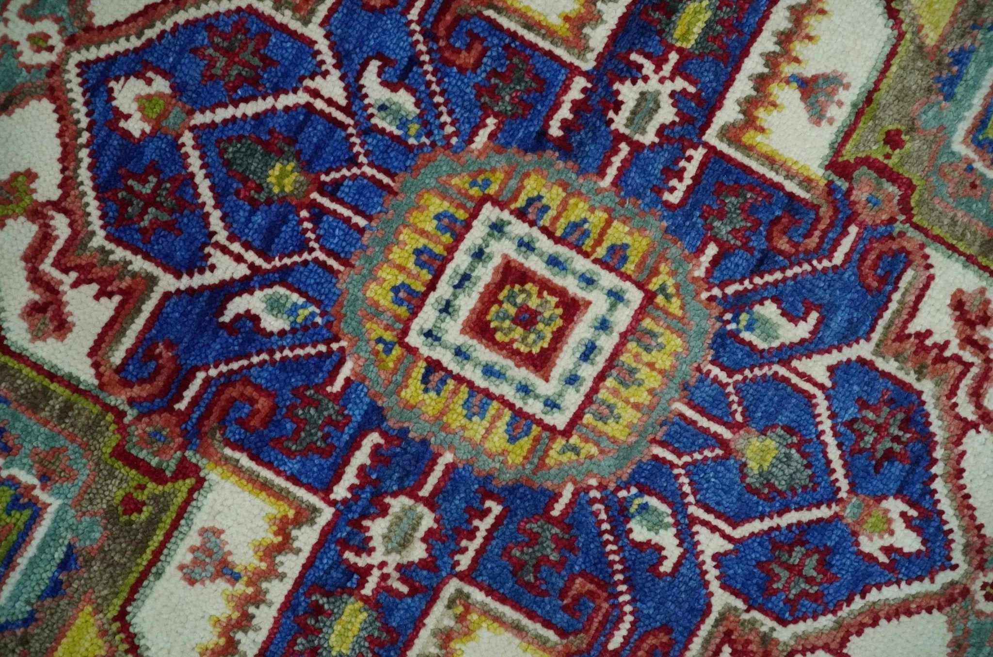 Blue, Maroon and Gold Hand Knotted Traditional Heriz Serapi Multi size Wool Area Rug - Image 4