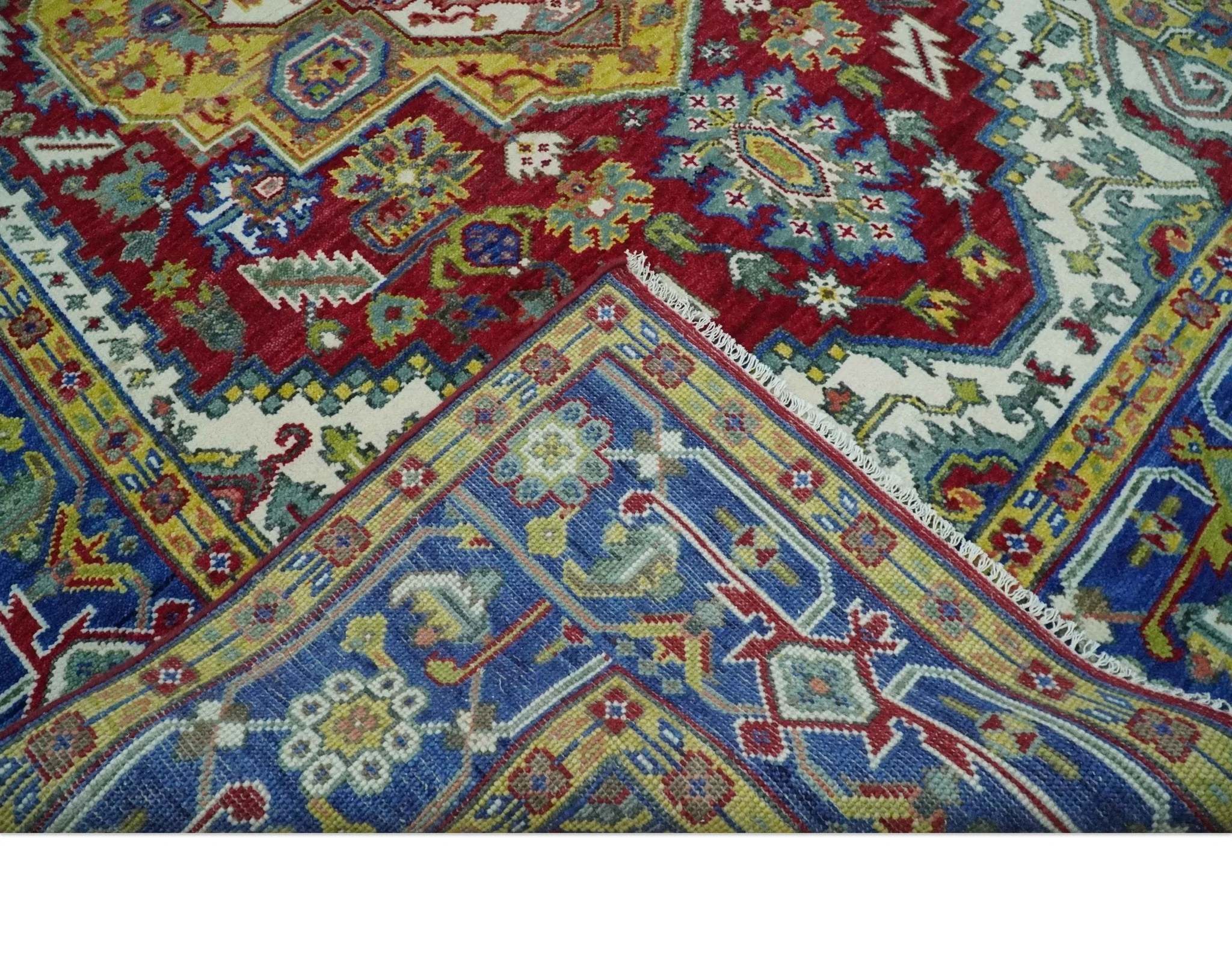 Blue, Maroon and Gold Hand Knotted Traditional Heriz Serapi Multi size Wool Area Rug - Image 7