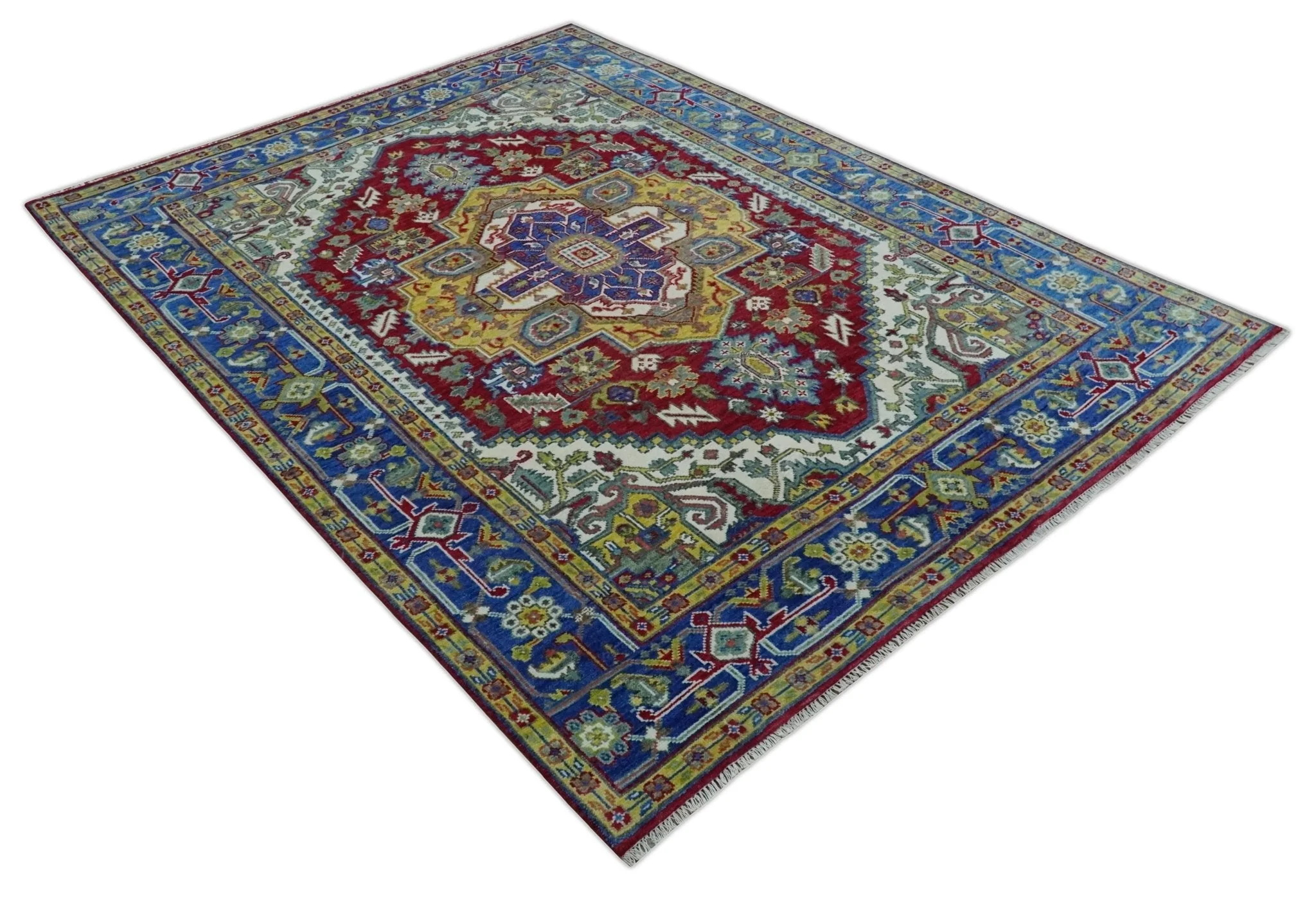 Blue, Maroon and Gold Hand Knotted Traditional Heriz Serapi Multi size Wool Area Rug - Image 9