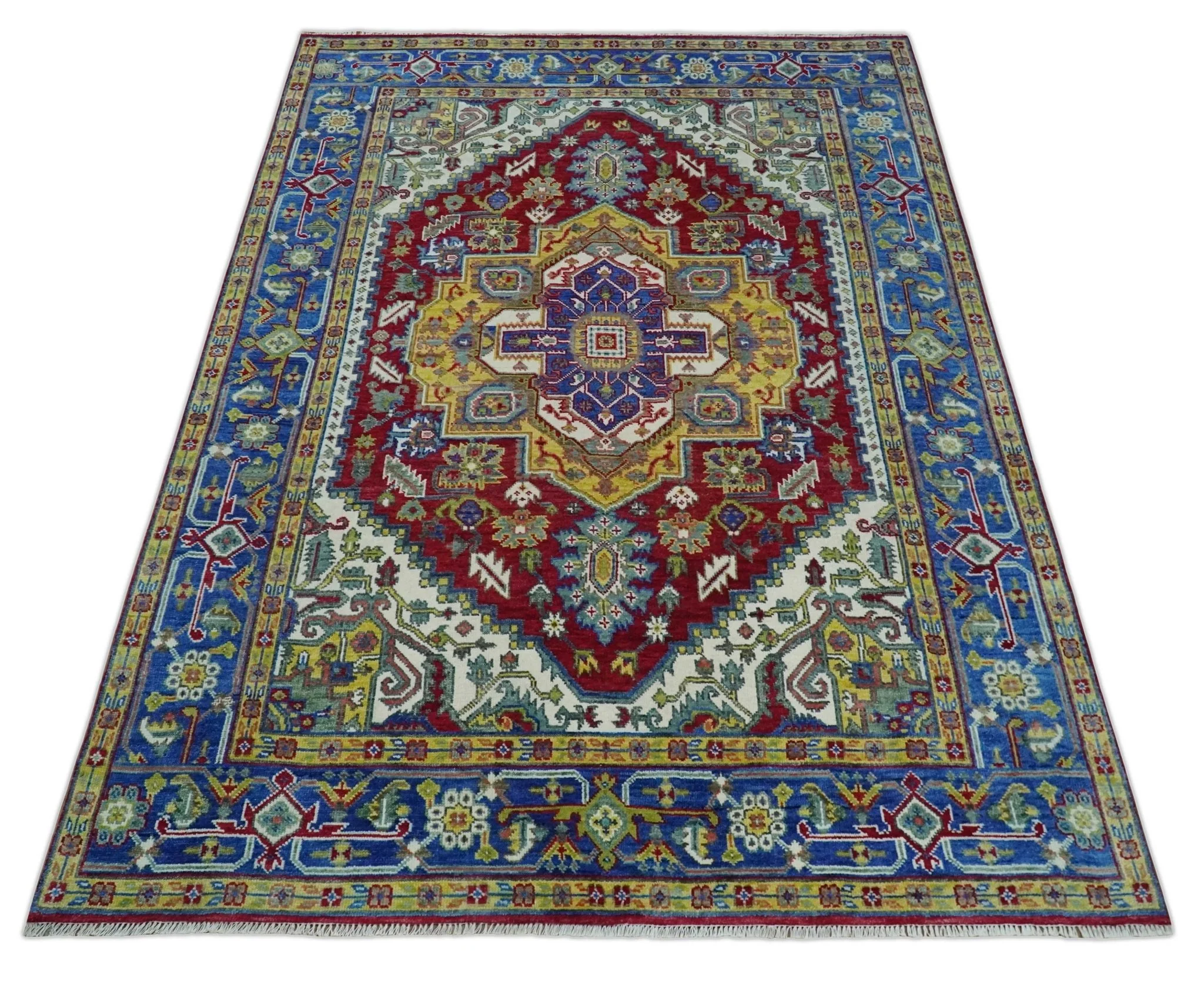 Blue, Maroon and Gold Hand Knotted Antique 9x12 Traditional Wool Rug - Image 10