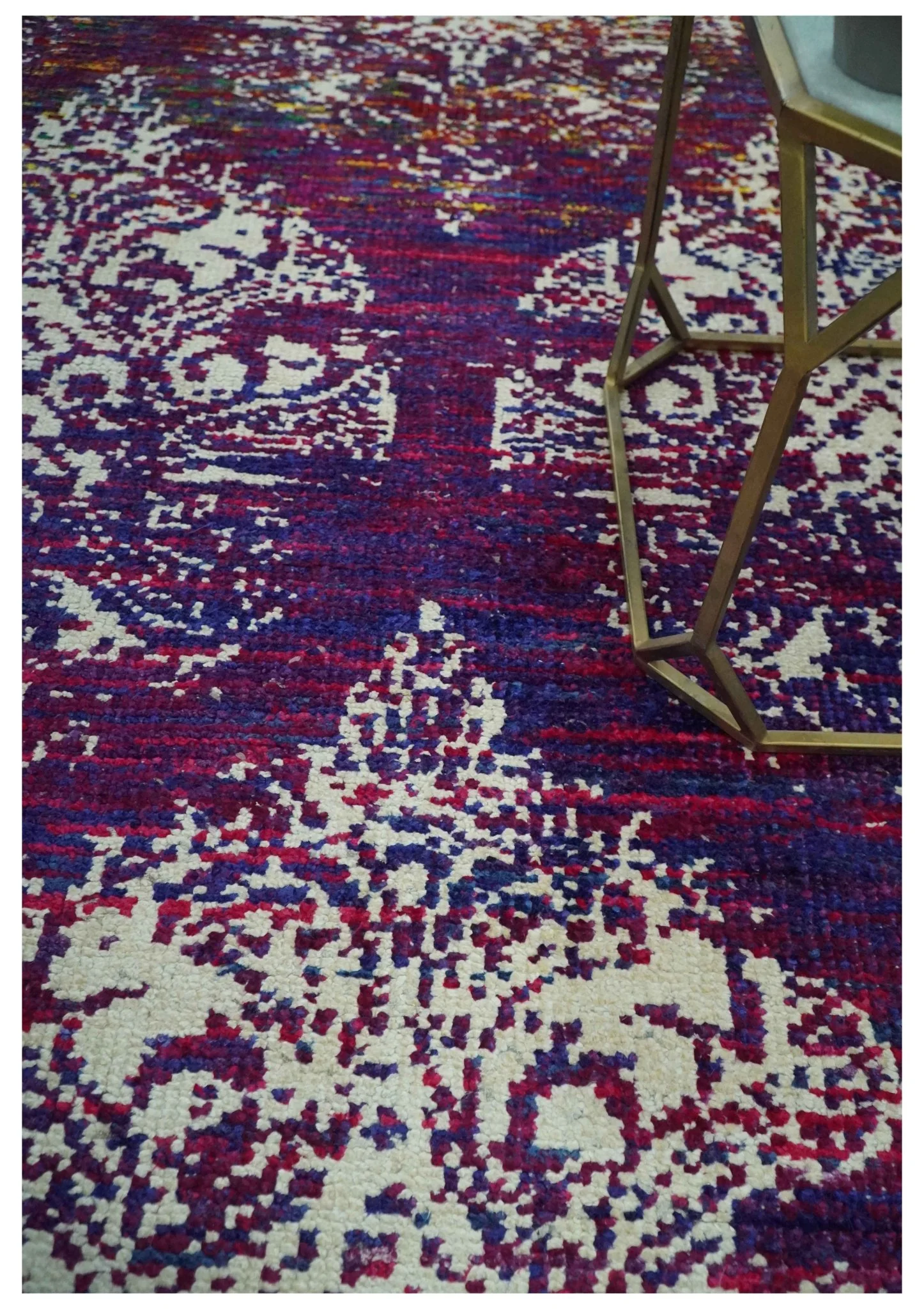5x8 Purple, Maroon and Ivory Traditional Large Ikat Design Hand Knotted wool Area Rug - Image 2