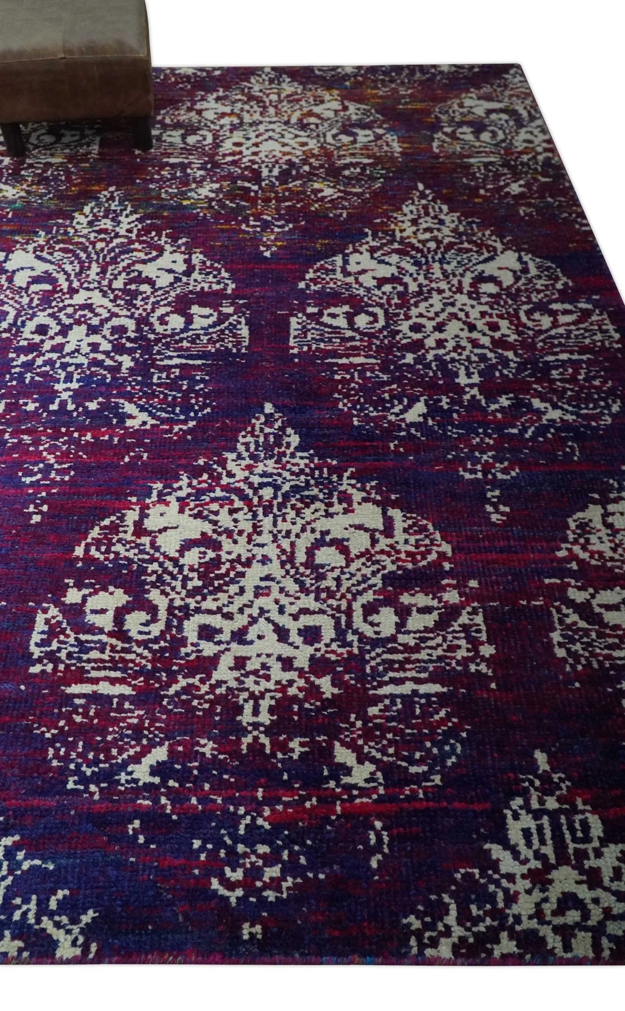 5x8 Purple, Maroon and Ivory Traditional Large Ikat Design Hand Knotted wool Area Rug - Image 3