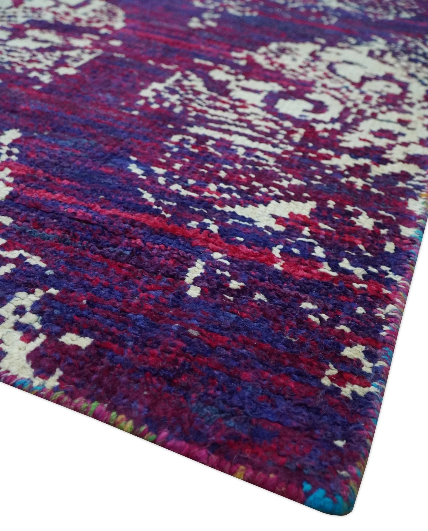 5x8 Purple, Maroon and Ivory Traditional Large Ikat Design Hand Knotted wool Area Rug - Image 5